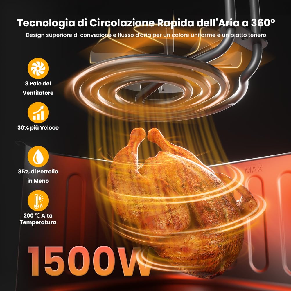 Friggitrice ad Aria Calda 4,5L Friggitrice Senza Olio XXL Air Fryer 1500W Airfryer con Timer Ricettario per 1-6 persone Senza BPA Fumo