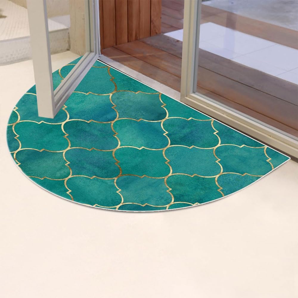 EMMTEEY Half Circle Door Mat 24X36Inch Doormat Indoor Entrance Vintage Teal Gold Abstract Geometric Half Moon Bath Mat Non Slip Washable Mat for Garage Patio Kitchen Laundry High Traffic Areas
