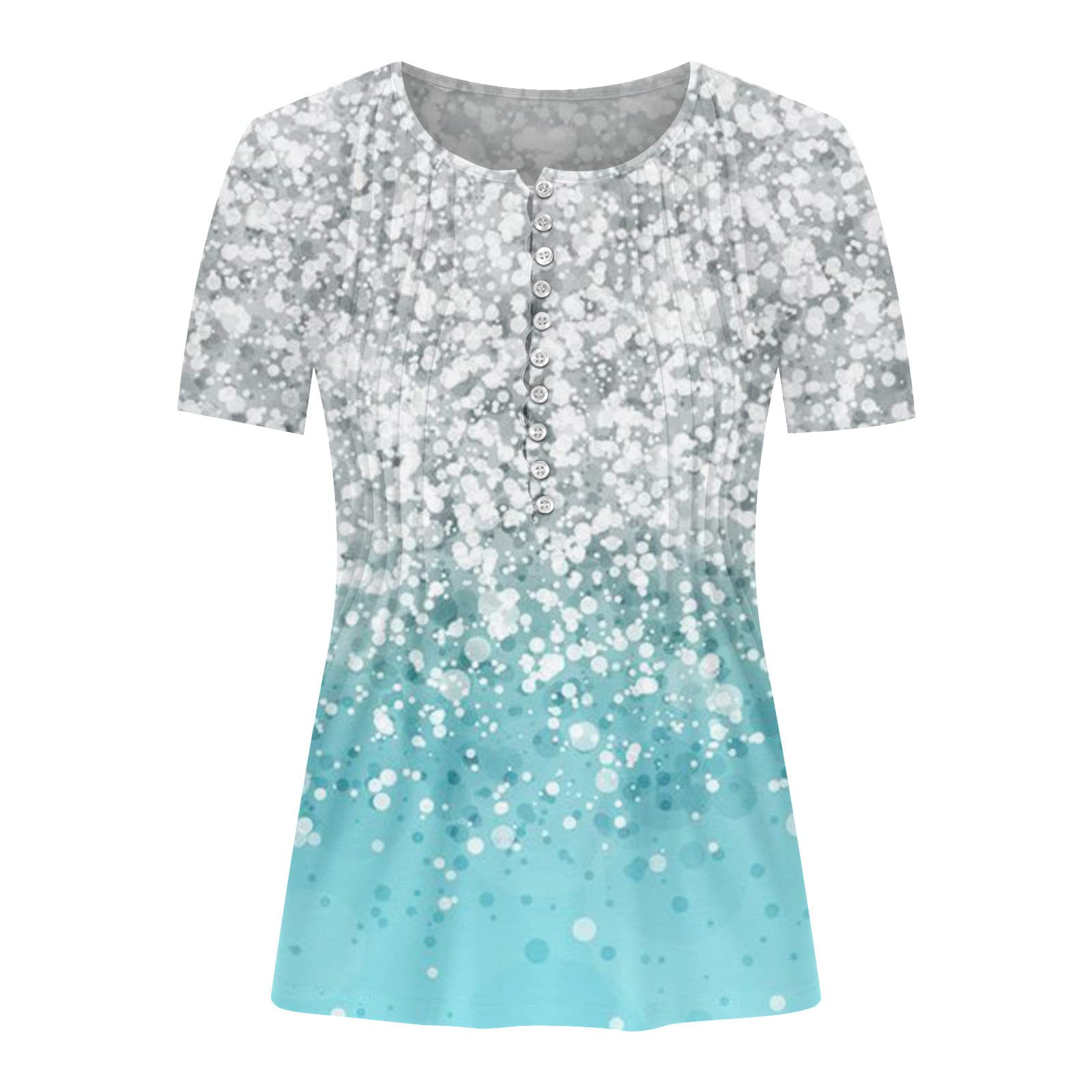 SMIDOW Summer Tops for Women 2026 Trendy Boho Floral Print Tunic Shirts Short Sleeve Button v Neck Tshirt Casual Loose Blouse