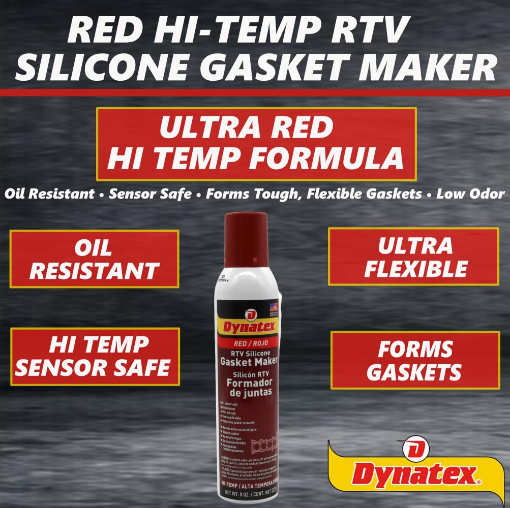 Dynatex Red Hi-Temp RTV Silicone Gasket Maker 8 oz Automatic Can - Oxygen Sensor Safe, OEM Specs, 650°F Hi-Temp, Oil/Water Resistant, Made in the USA (2-Pack)
