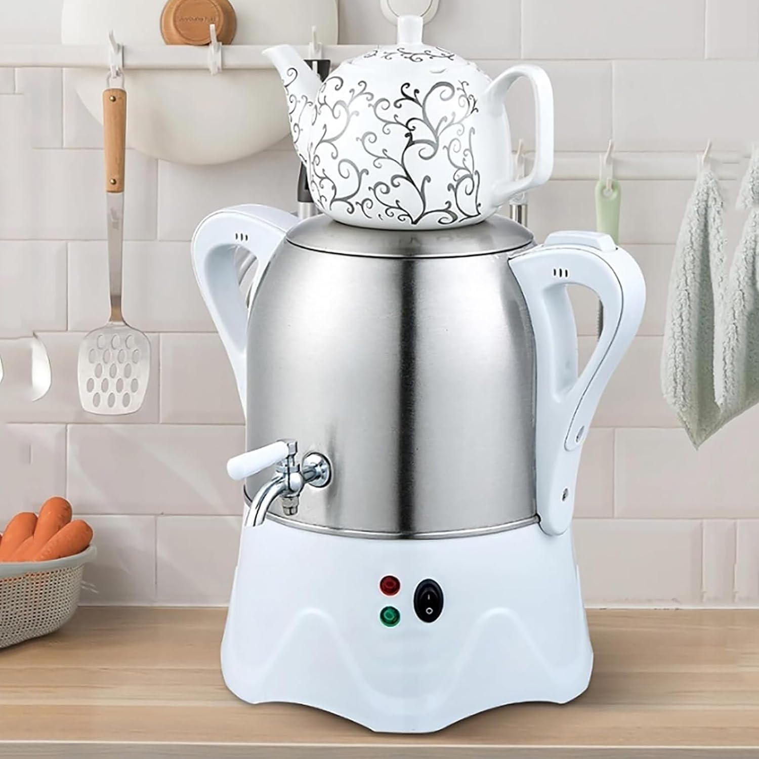 Elektrischer Türkischer Teebereiter (2000 W), 3-liter-edelstahl-teekanne, 1-liter-keramik-teekanne, Mit Warmhaltefunktion, Einfach Zu Bedienen Und Zu Reinigen, Für Kaffee, Aromatisierten Tee Und