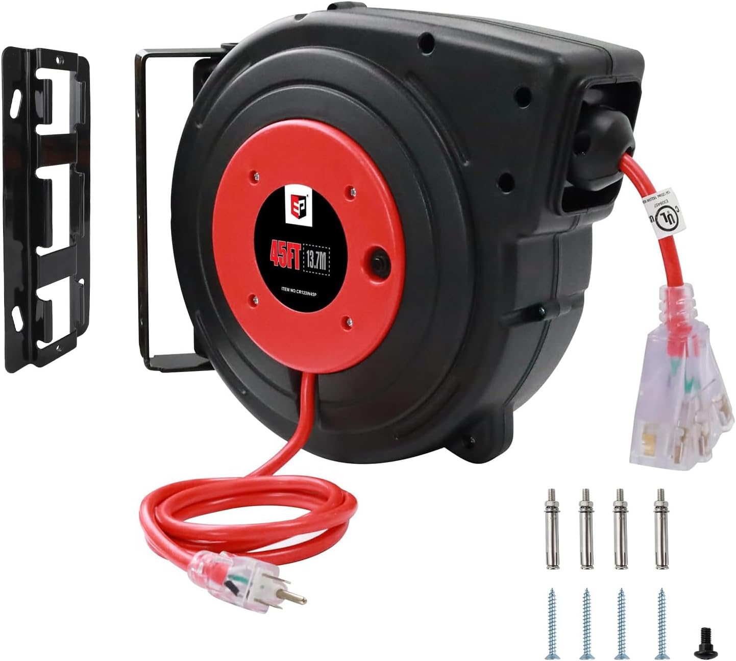 EP Retractable Extension Cord Reel, 45 Ft Heavy Duty Power Cord, 12 AWG/3C SJTOW, 15 AMP Circuit Breaker, Lighted Triple Tap, Ceiling or Wall Mount, UL Listed