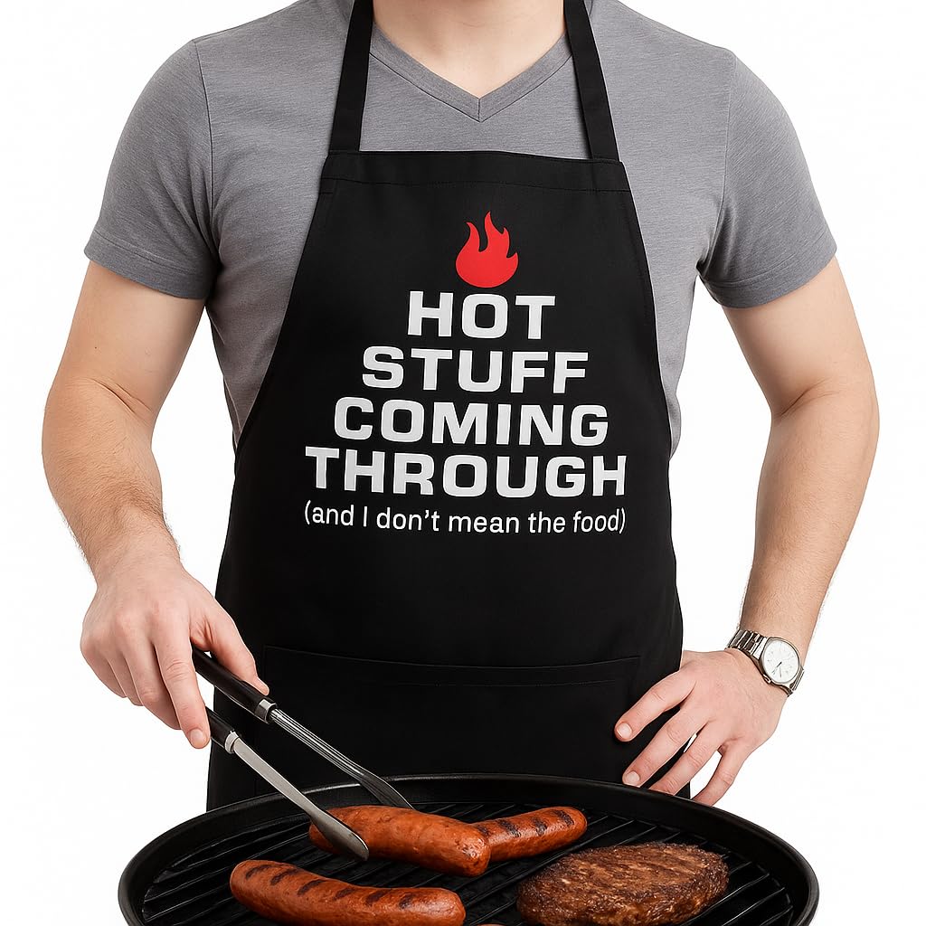 AMORII , Funny Apron for Men Waterproff cooking apron for Men. Adjustable BBQ Apron. With 2 Large Pockets Chef Apron. Hot stuff coming through, Black, colorsize