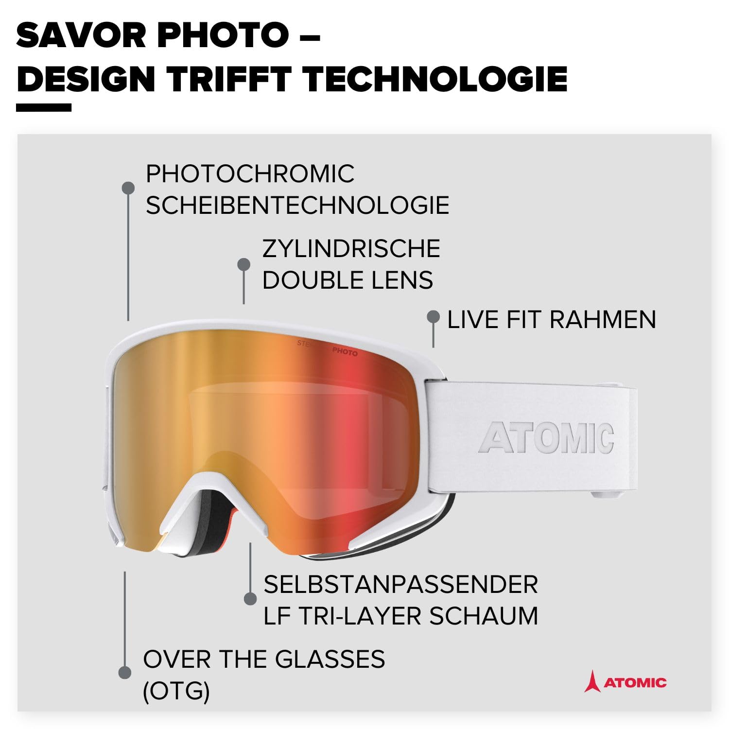 ATOMIC Skibrille Savor Photo I Outdoor-Brille mit 100% UV Schutz I Ski-Brille mit Photochrom-Scheibe I Sport-Brille mit kratzfester Beschichtung I Oversized Snowboardbrille