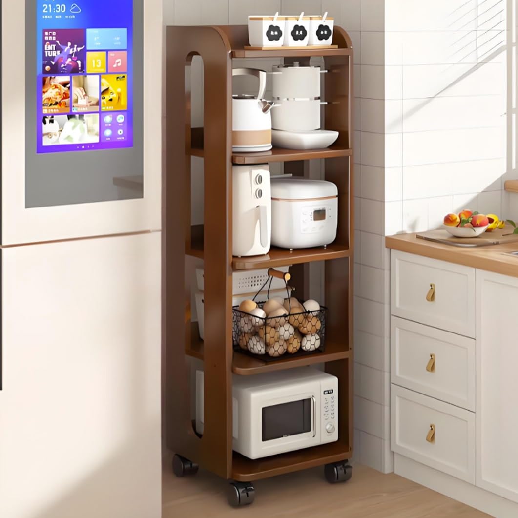 YVYKFZD Narrow Standing Shelf, Wooden Slim Storage Cart, Rolling Kitchen Utility Cart with Wheels, Freestanding Bathroom Organizer, for Dining Room, Pantry, Bakers(Walnut,5 Tier 18.1"x10.2"x50.9")