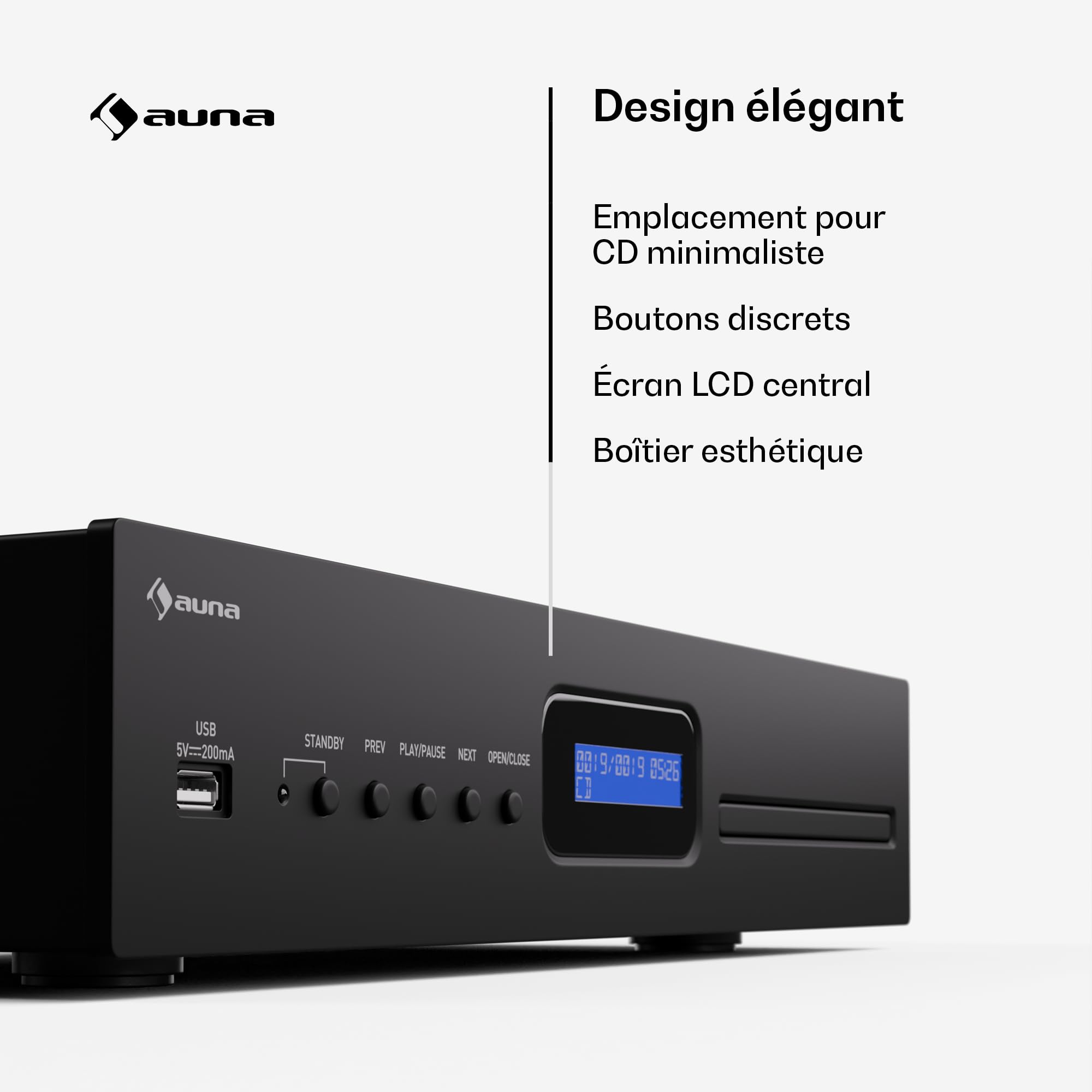 Auna Art22 Lecteur CD Hi-FI avec Lecteur à Fente, Entrée USB, Lecture CD-MP3, Télécommande, Sorties Optiques & Coaxiales – 130W – Noir