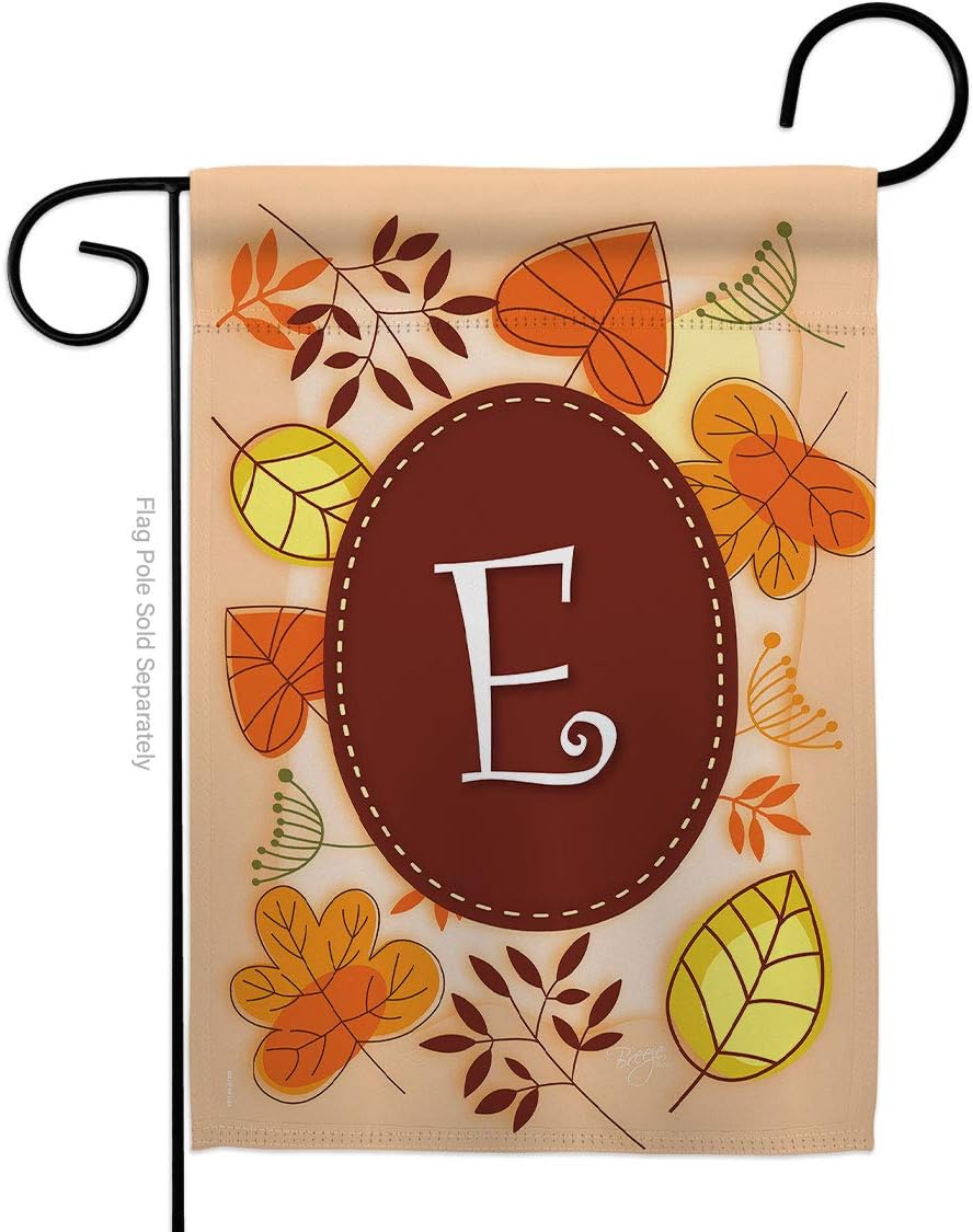 Autumn E Initial Garden Flag Set with Stand Monogram Falltime Harvest Scarecrow Pumkins Sunflower Leaves Season Autumntime Gathering Small Gift Yard House Banner Made In USA 13 X 18.5