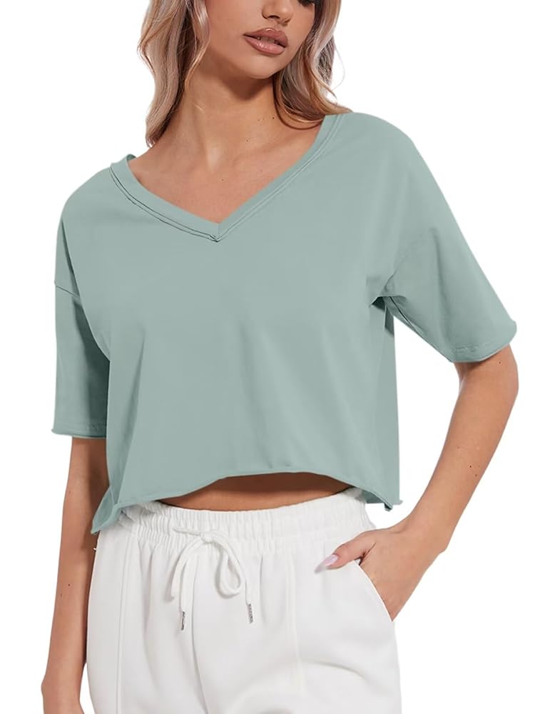 Micticsi Womens Oversized V Neck Crop Tops Cotton Short