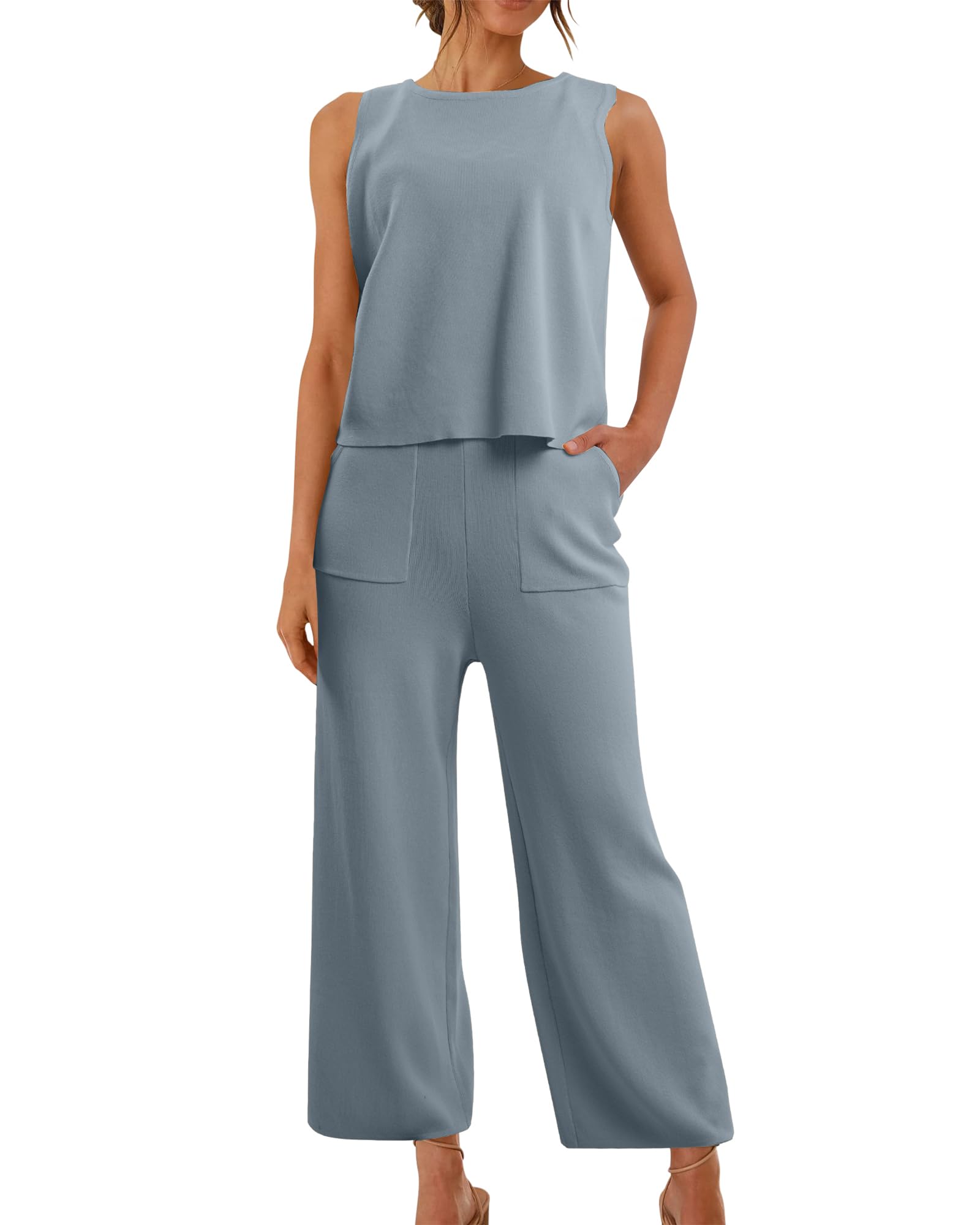 NANYUAYA Women Two Piece Summer Knit Sets Sleeveless Tank Top Wide Leg Pants Set Tracksuits with Pockets