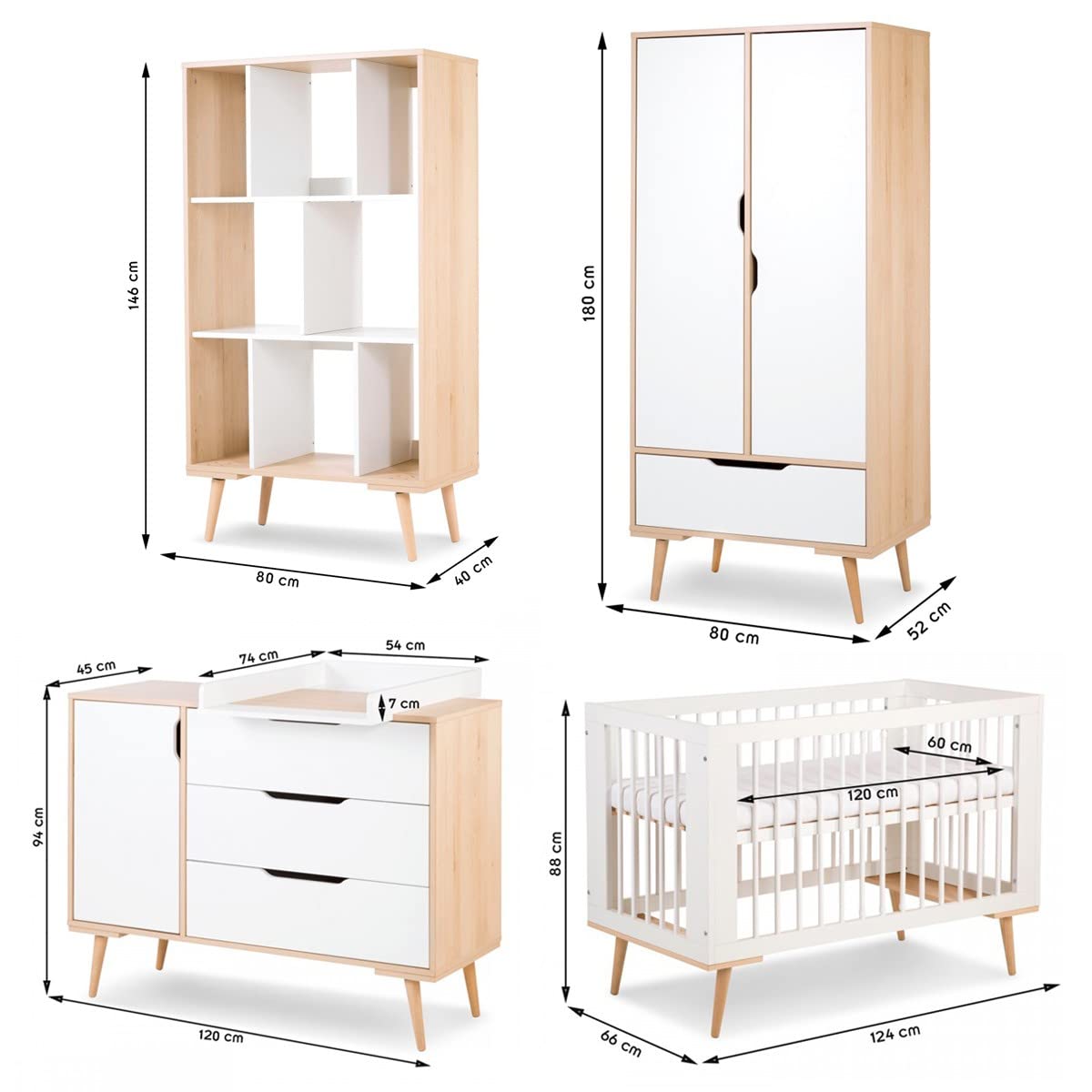 SOFIE Habitación bebé completa Cambiador Armario Biblioteca y Cama 120X60 Blanco