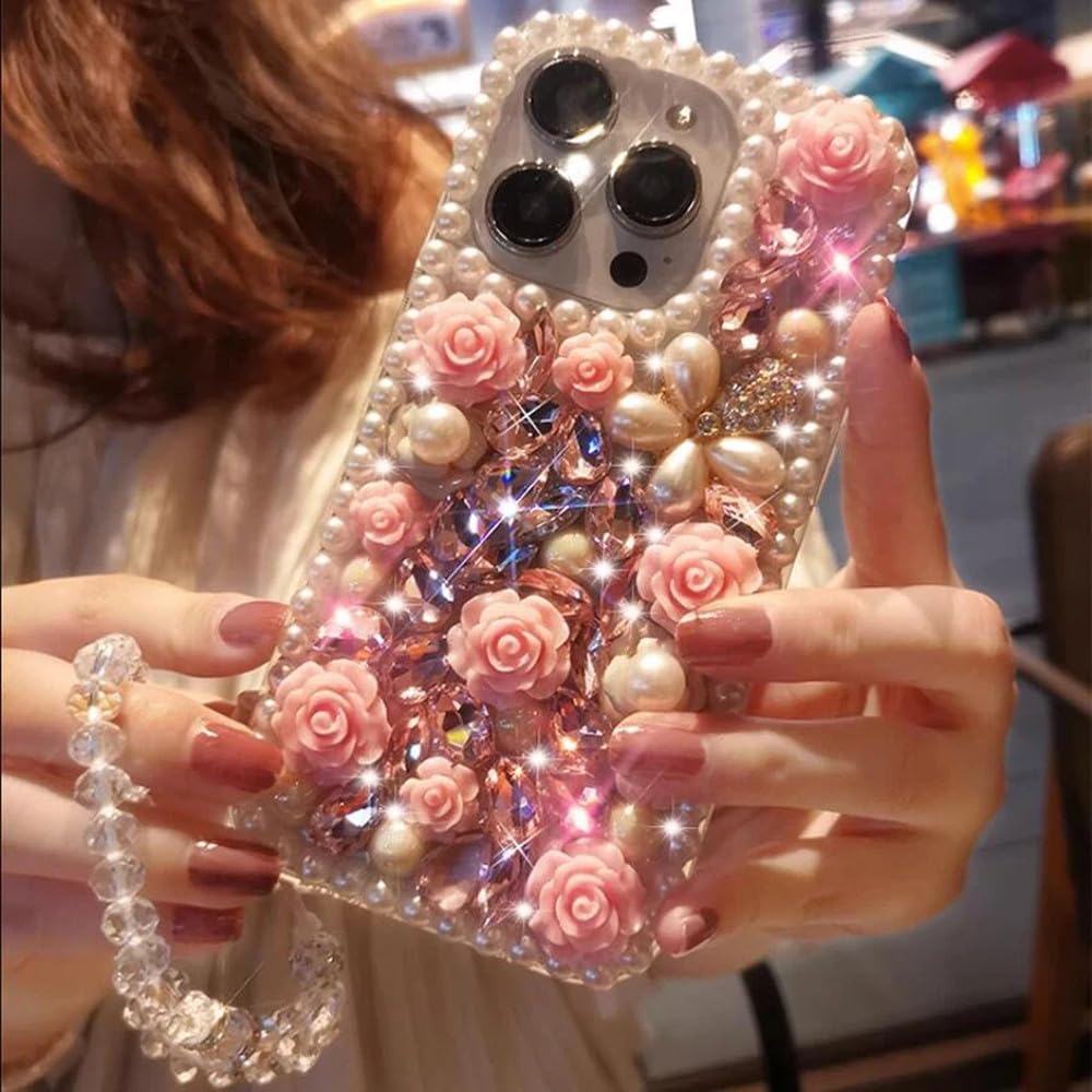 Custodia per telefono con fiore di perle di diamanti adatta per iPhone 15 14 Pro Max 13 12 11 X XR XS 8 Custodia con braccialetto trasparente a forma di fiore, viola, per iPhone 12Pro Max