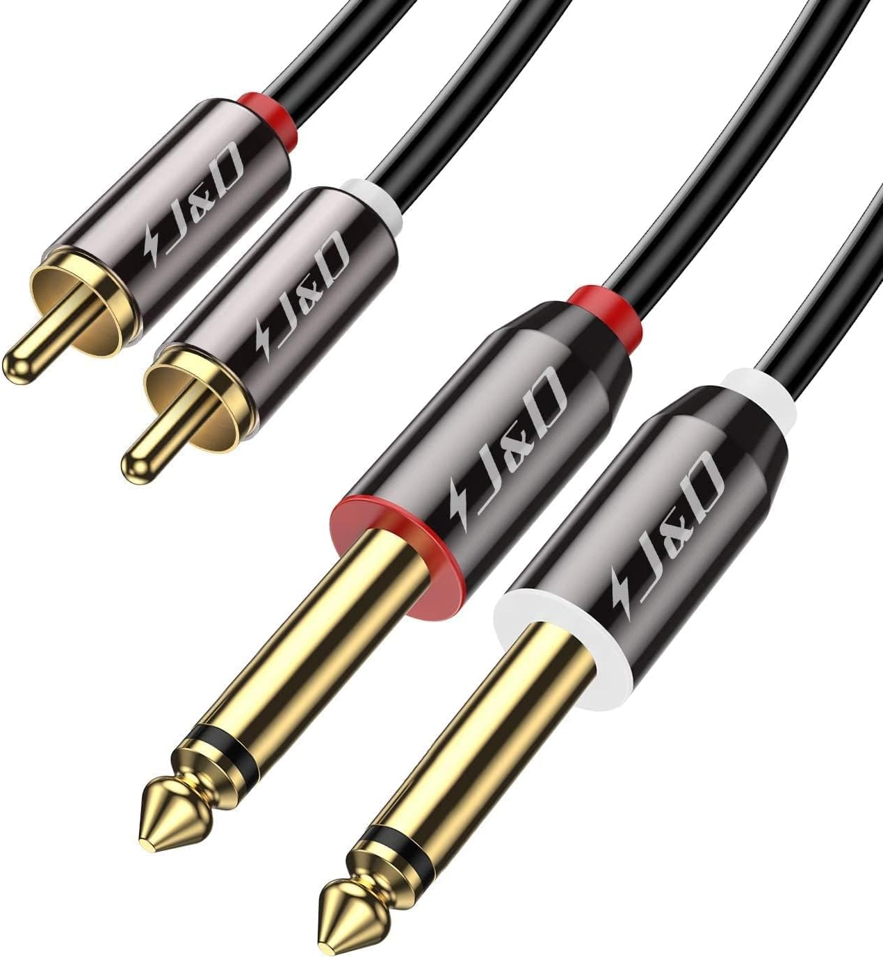 J&D RCA to 1/4 Cable, Dual 1/4 inch TS to Dual RCA Stereo Audio Interconnect Cable, Gold Plated Copper Shell Heavy Duty 2X 6.35mm 1/4 inch Male TS to 2 RCA Male Adapter Cable, 15 Feet