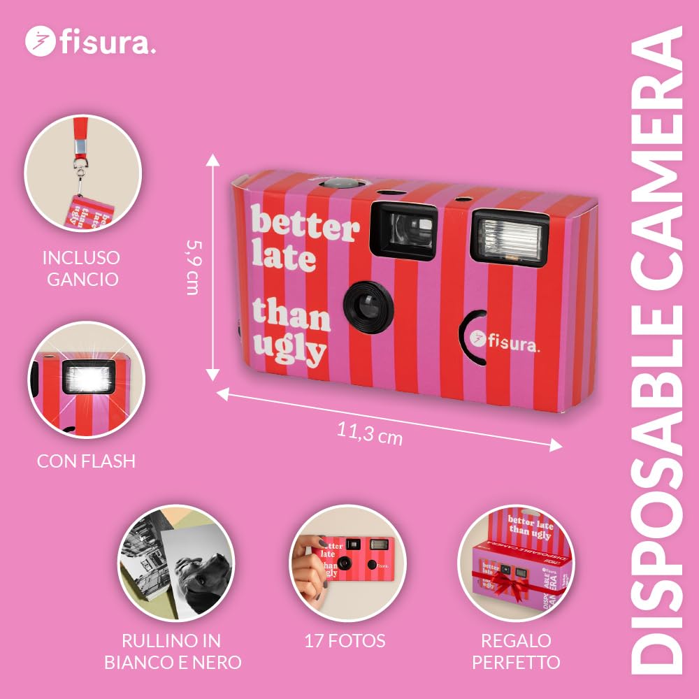 Fisura – Fotocamera usa e getta originale "better late". Fotocamera monouso con flash. 17 scatti in bianco e nero. Gancio incluso. Perfetta per matrimoni o feste.