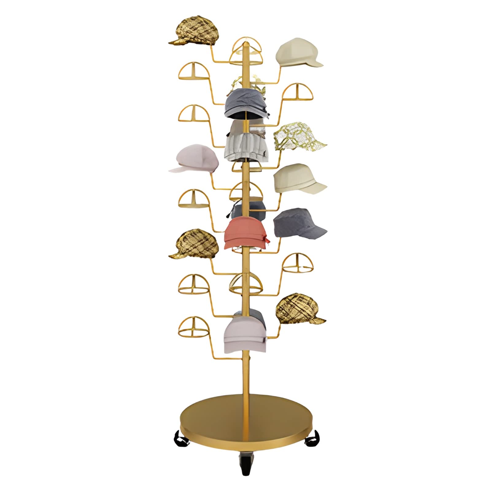 YNBSHGAA Hat Organizer Rack with Wheels, Multi-Layer Display Stand for Cowboy Hats and Wigs, Commercial Hat Tree Shelf,Gold-Place 30 hats