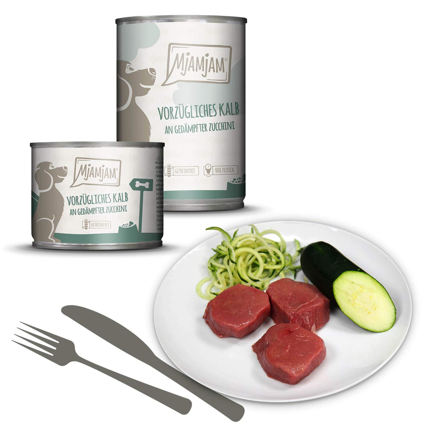 MjAMjAM - cibo umido premium per cani - ottimo vitello con zucchine al vapore, confezione da 6 (6 x 400 g), senza cereali con carne extra