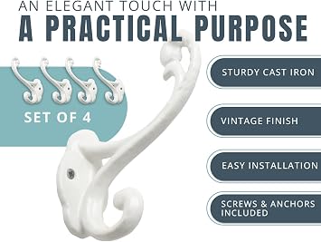 Decorative Rustic Wall Hooks – Shabby Chic Set of 4 Wall Mounted for Coats, Bags, Towels and More – Vintage Hooks for Farmhouse Decor - Sturdy, Cast Iron in Rustic White Color