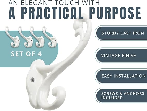 Decorative Rustic Wall Hooks – Shabby Chic Set of 4 Wall Mounted for Coats, Bags, Towels and More – Vintage Hooks for Farmhouse Decor - Sturdy, Cast Iron in Rustic White Color