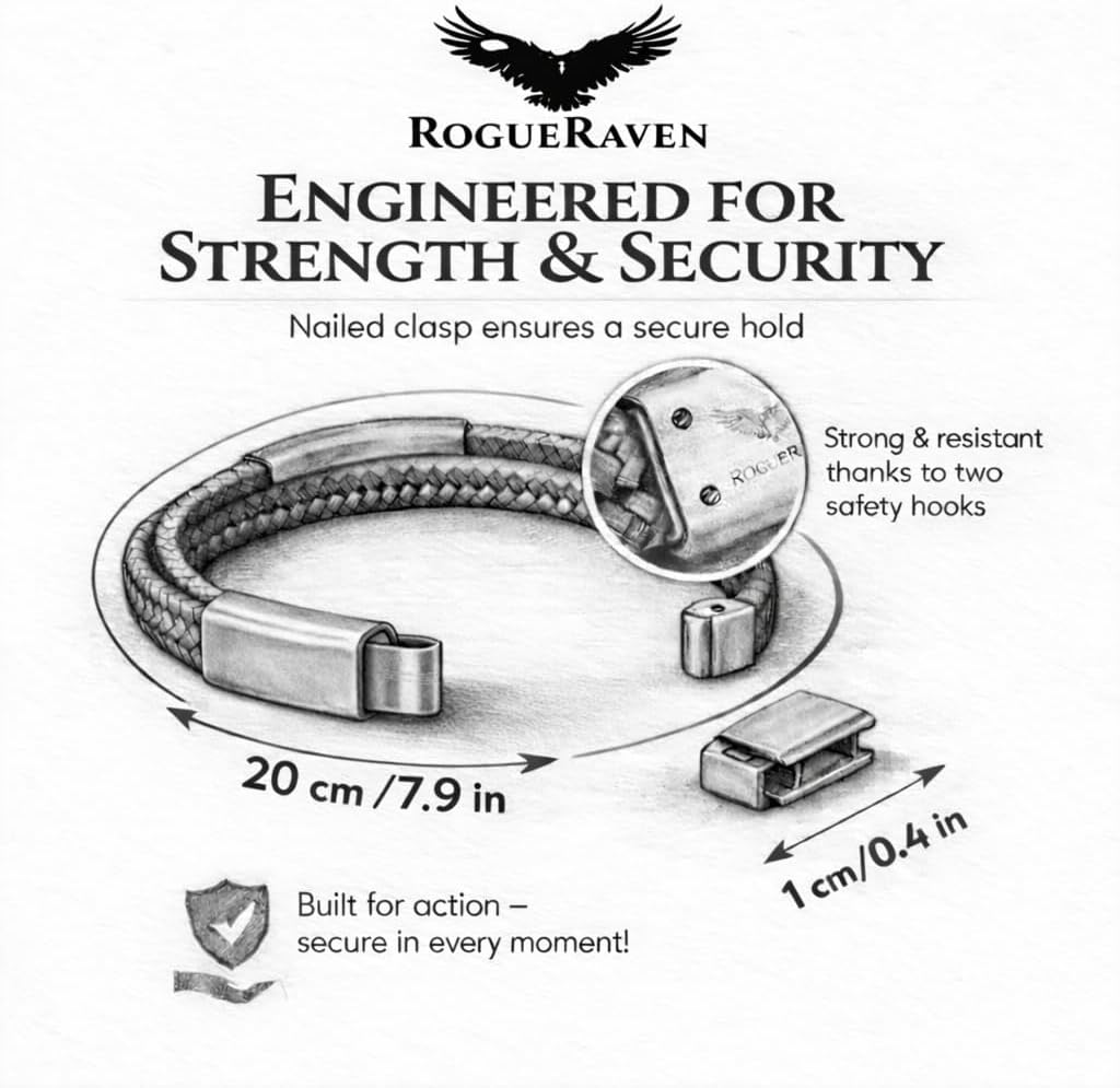 RogueRaven Premium I Black Leather Bracelet for Men | Genuine Braided Leather: Single, Double, Stacked & Stainless Steel Chain Designs| Genuine Leather Mens Bracelet with Stainless Steel Clasp [Adjustable] | Exclusive Jewelry Gift Box