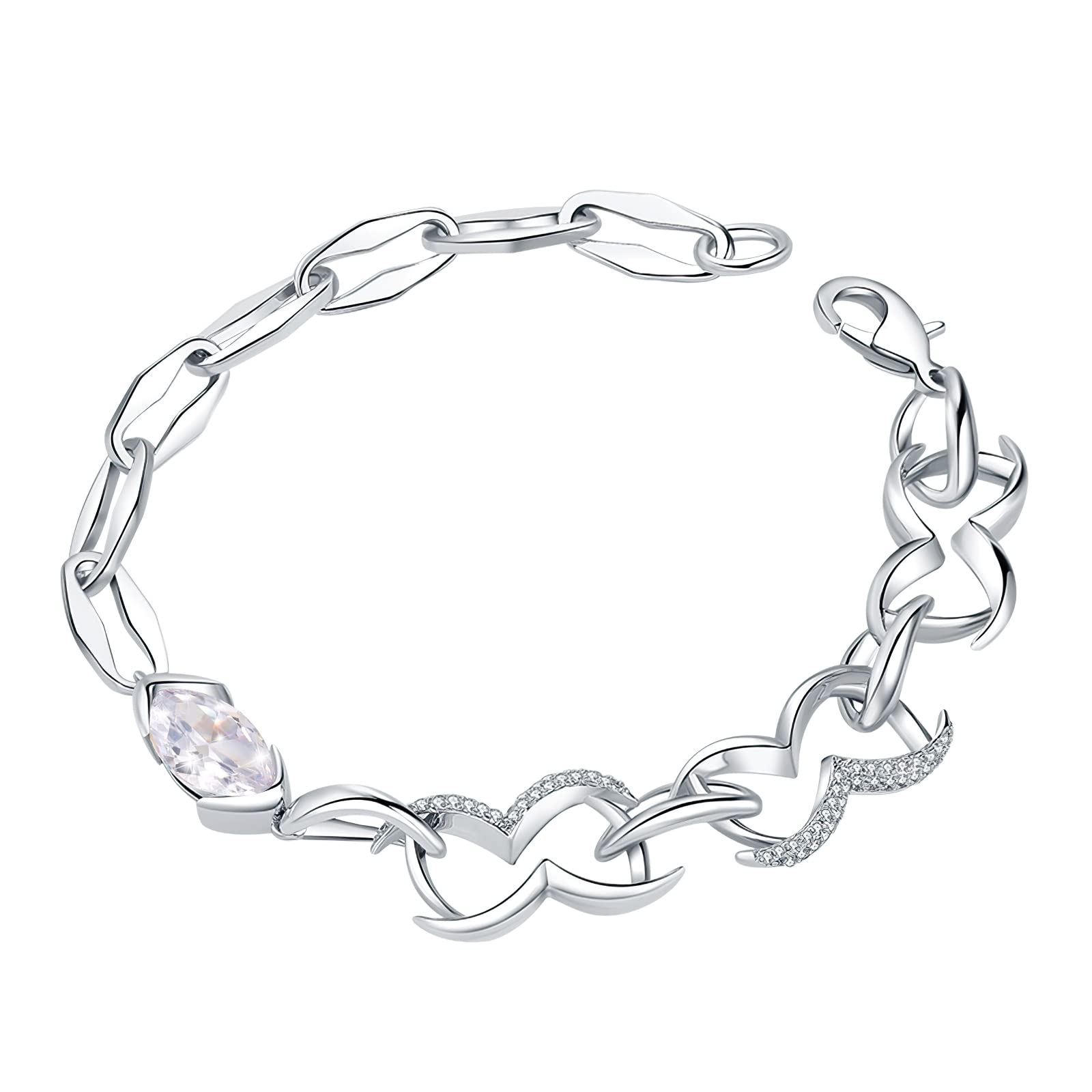 Dainty Chain Bracelet for Women Girls 18K White Gold Plated Fashion Link Paperclip Bracelets Adjustable Metal Link Bracelet with CZ Crystals, White Gold, Cubic Zirconia