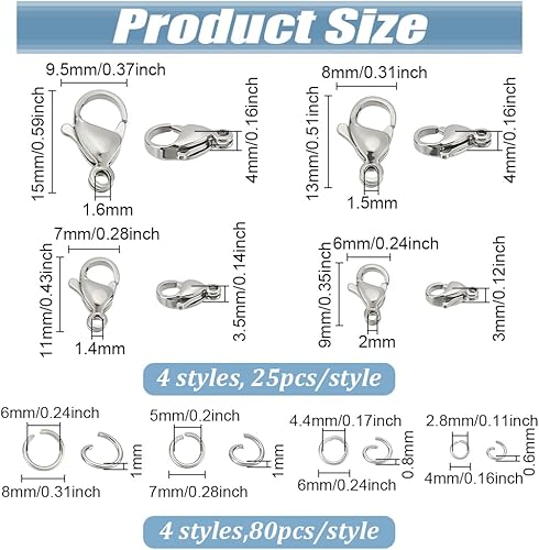 Miniatura 2 de PH PandaHall 420 cierres de pinza de langosta de acero inoxidable 304 con anillos de salto abiertos, 100 piezas de 4 tamaños de cierres de joyería,
