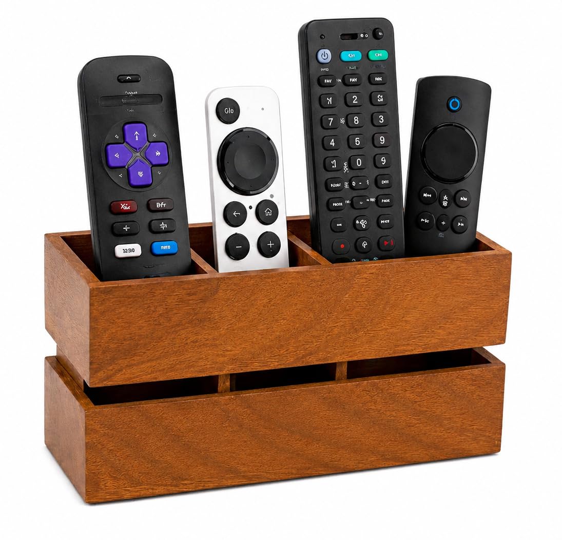 Wooden Remote Control Holder Stand for Living Room & Bedroom | 2 Compartment Remote Organizer for TV, Sofa & Side Table | Brown Wooden (3)-image-9