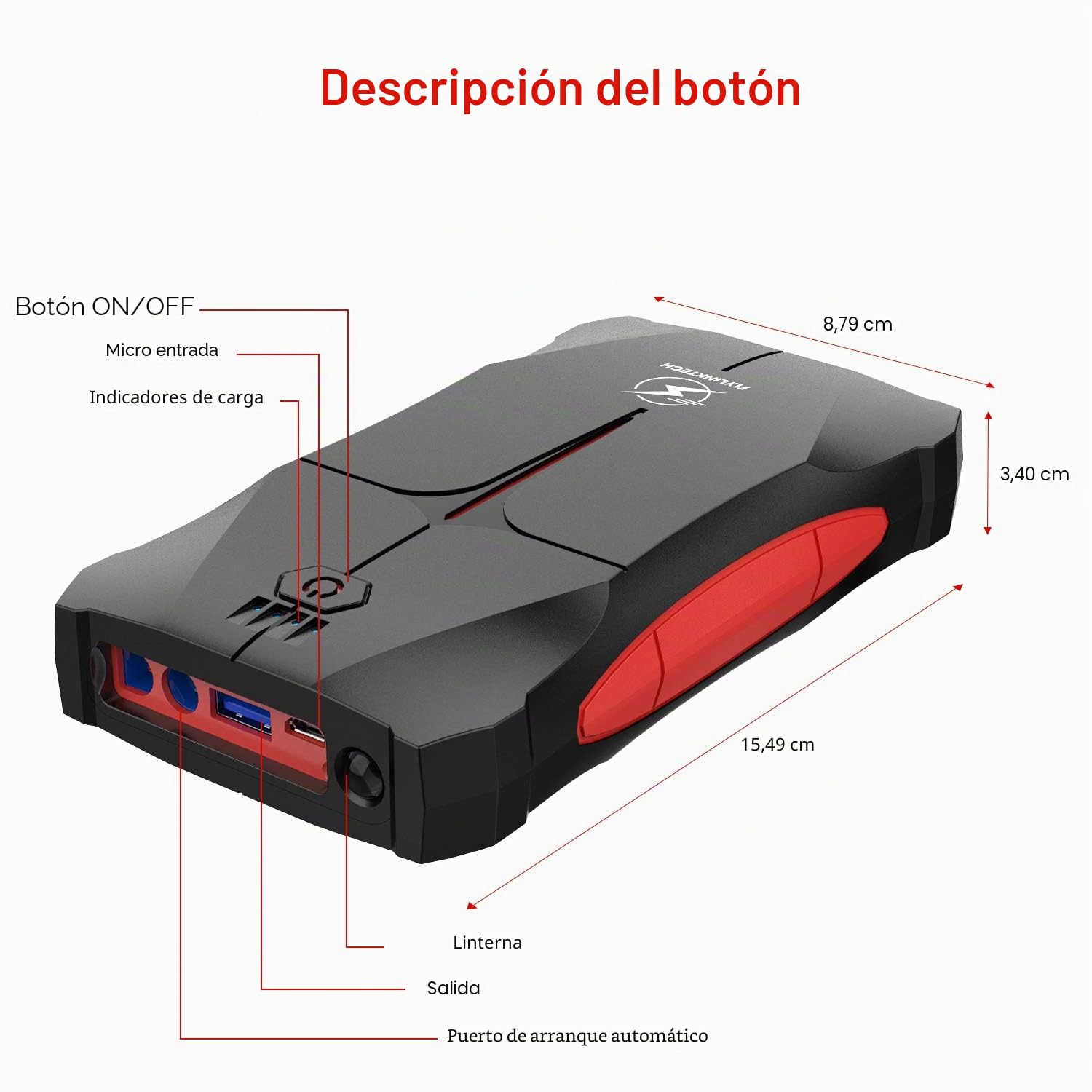FLYLINKTECH Booster Batería 12000mAh 800A (4,0L Gasolina, Hasta 2,0L Diésel) Arrancador Portátil de Batería Impermeable IP67 para Auto Moto, Arrancador de Coche con Lámparas LED, Certificado UL