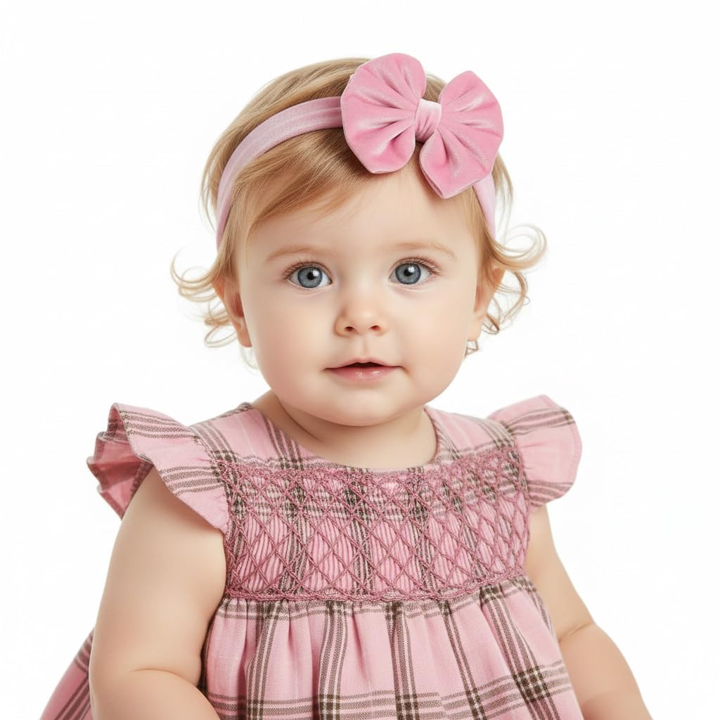 Fascetta capelli neonata rosa con fiocco in velluto (da 3 a 18 mesi) (Rosa confetto, Da 3 a 18 mesi)