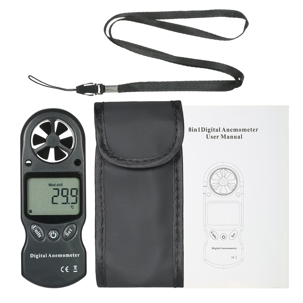 Irfora Anémomètre numérique portable 8 en 1 - Vitesse du vent/température/humidité/vent chill/indice de chaleur/point de rosée/pression atmosphérique/altitude avec éclairage LCD de fond - Noir