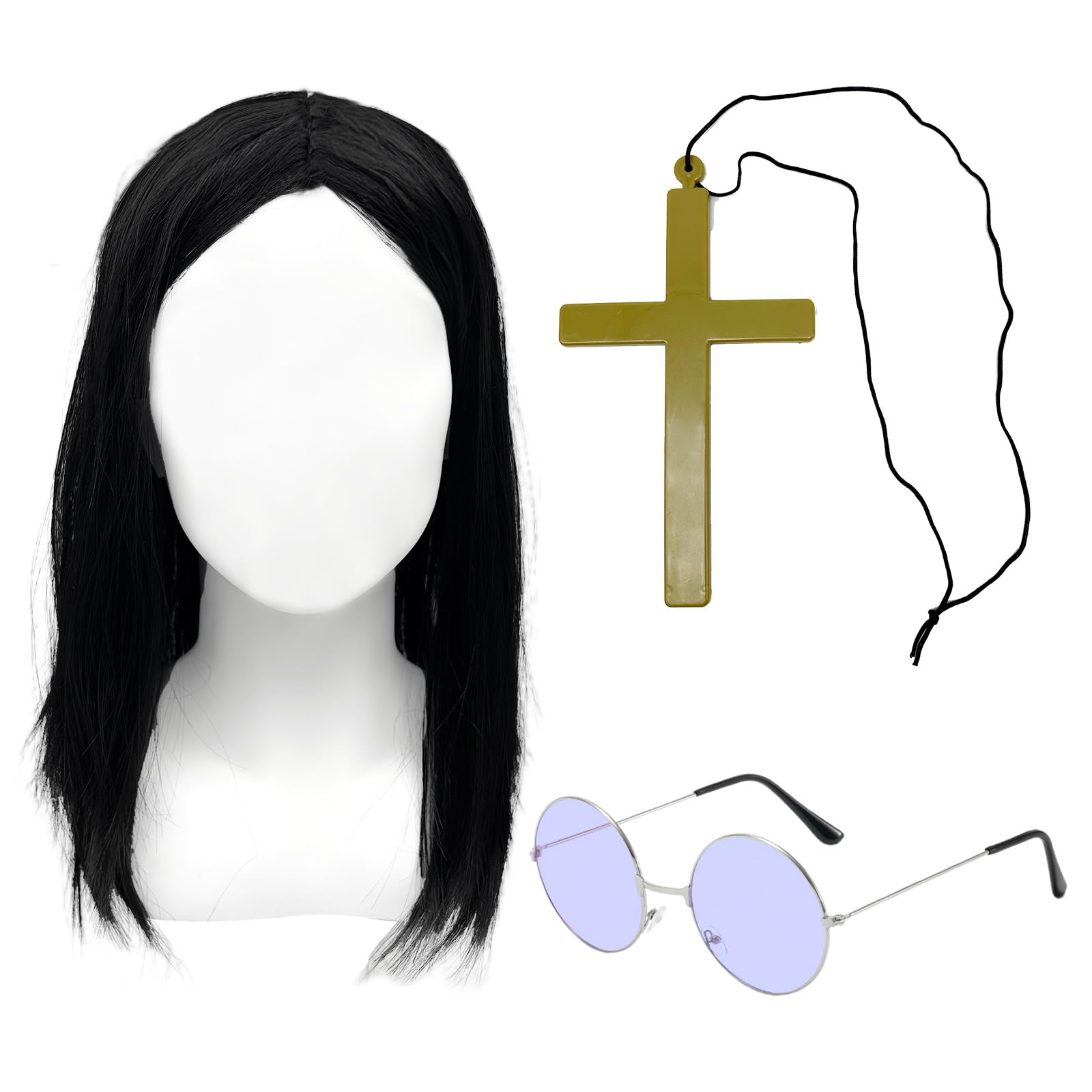 YAUOIPI 3 Pcs Prince of Darkness Accessory Set, Rock Star Legend Hippie Costume Kit, Long Black Wig, Gold Cross, Purple Glasses, for Halloween 60/70/80s Party, Music TV Film Celebrity Cosplay (3 Pcs)