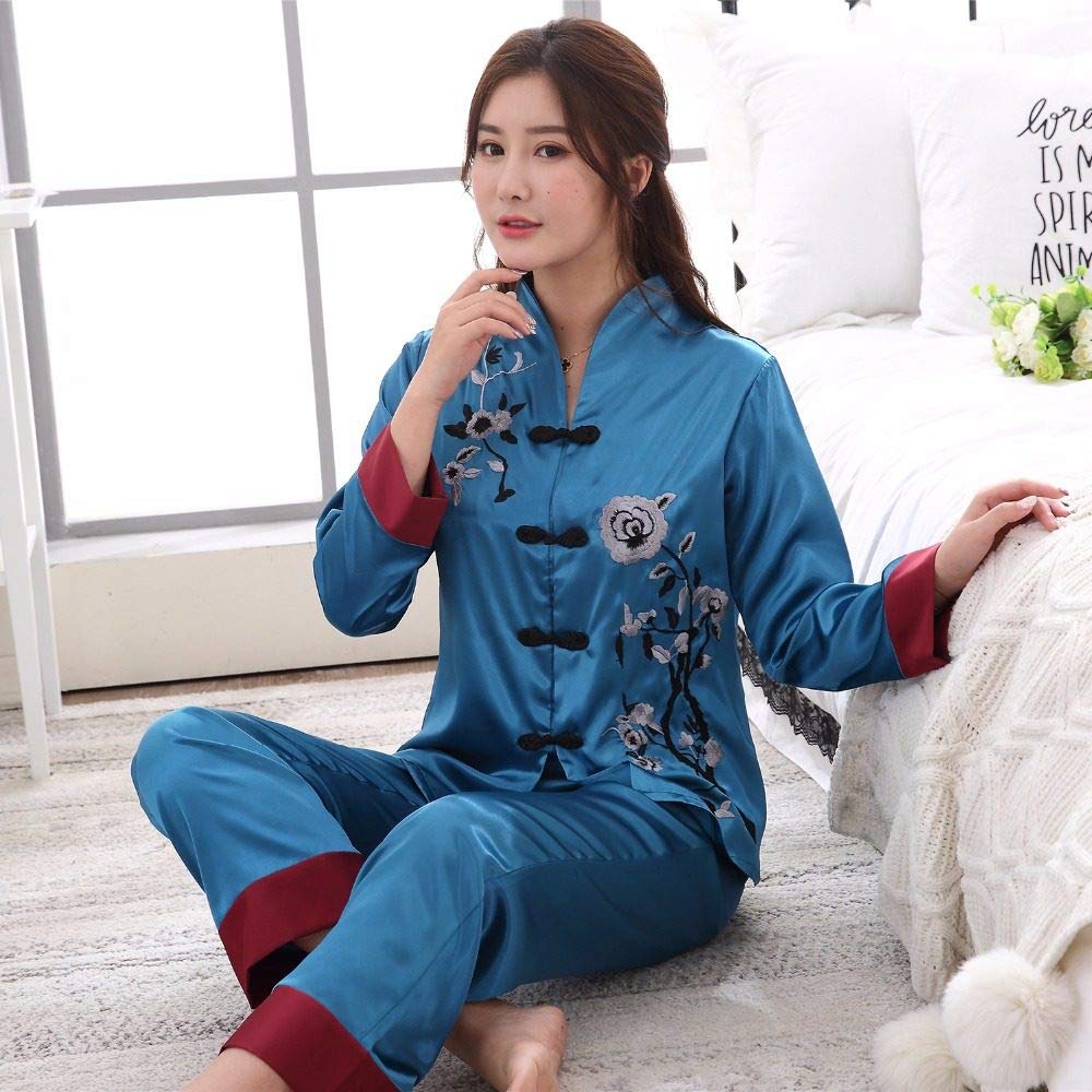 YUHOOE Pijamas De Mujer,Conjunto De Pijamas De Satén Sedoso,Estilo Chino,Bordado Floral,Manga Larga,Ropa De Dormir,Suave Y Cómoda,Ropa De Dormir,Ropa De Dormir,Ropa De Casa para Damas,Azul,L
