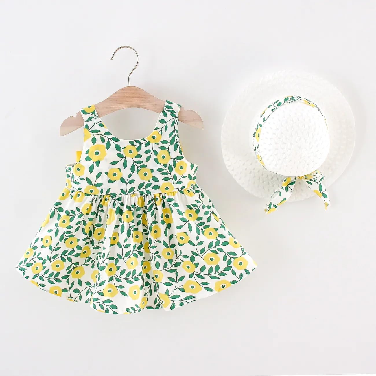 PATPAT Abito da Neonata - con Set di Cappelli Abito per Bambini Senza Maniche con Fiocco con Stampa Floreale, Vestiti Bambina, Vestiti Neonato Femmina, Vestito Elegante Bambina 3 Mesi - 3 Anni
