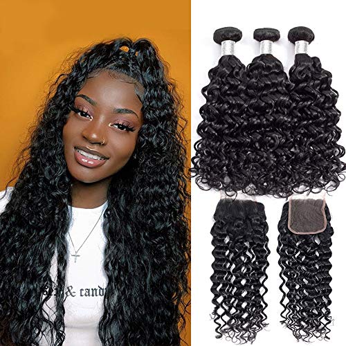 Suerkeep 8A Water Wave Bundles With Closure Wet and Wavy Human Hair Weave Bundles 100% Unprocessed Virgin Brazilian Hair 3 Bundles With Closure Free Part (8 10 12+8, Natral Color)
