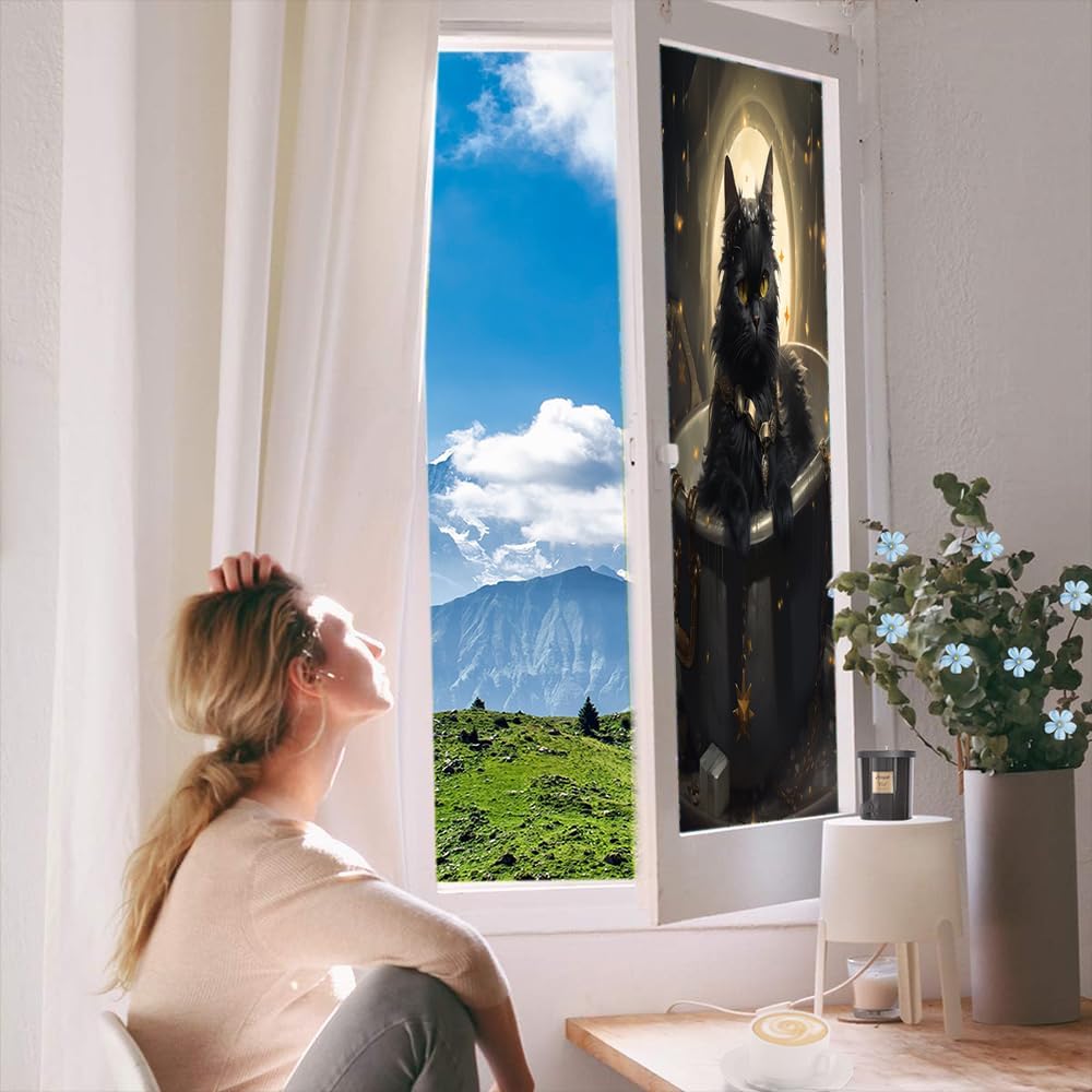 Bathing Cat Window Privacy Film Black Cute Funny Animal Glam Stained Glass Window Film Sun Blocking Heat Control Decorative Window Covering Film for Home Office 35.4Wx55.1L