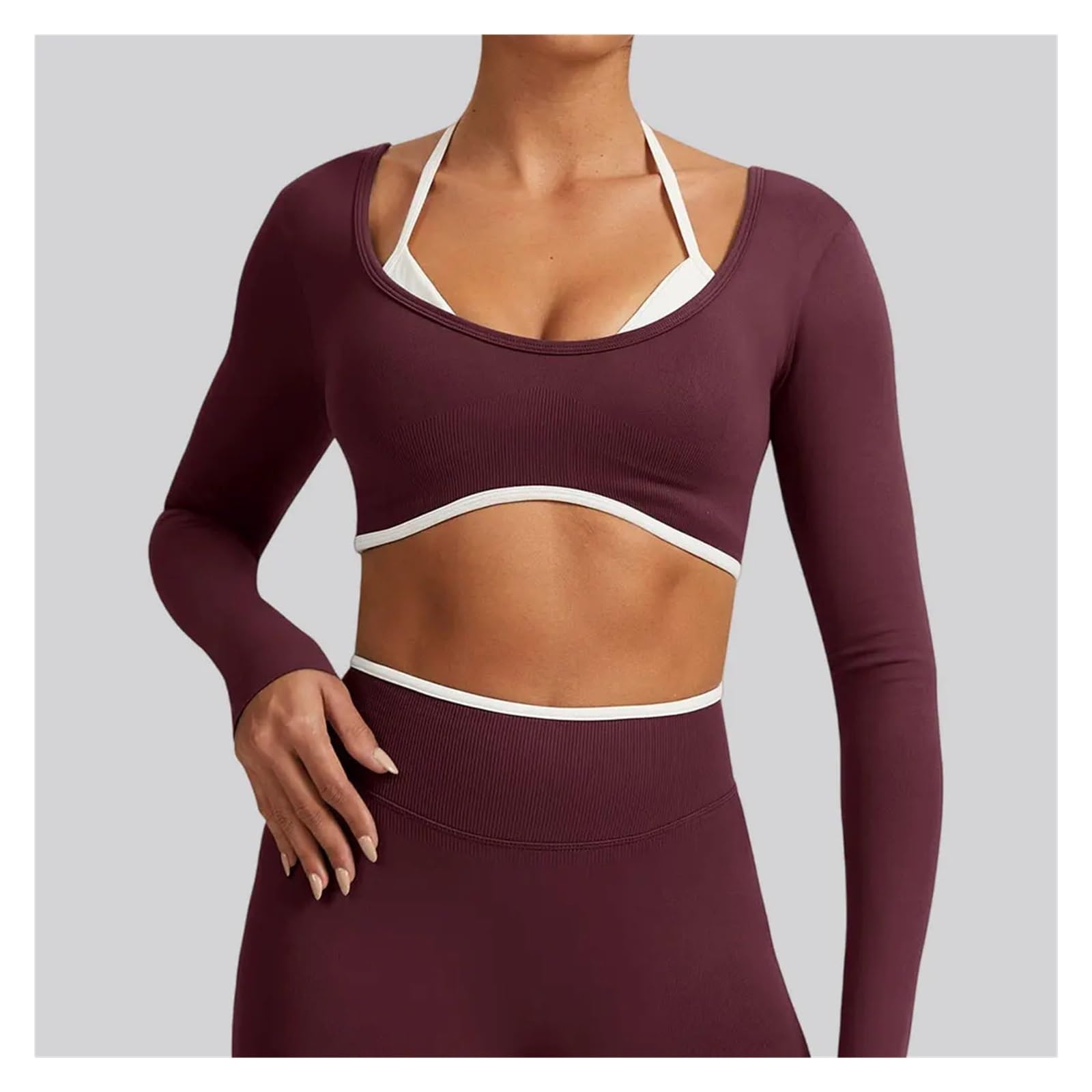 Top yoga a maniche lunghe donna Top sportivo senza cuciture da donna | Abbigliamento da palestra for corsa fitness a maniche lunghe Camicie da yoga push up traspiranti in due pezzi finte