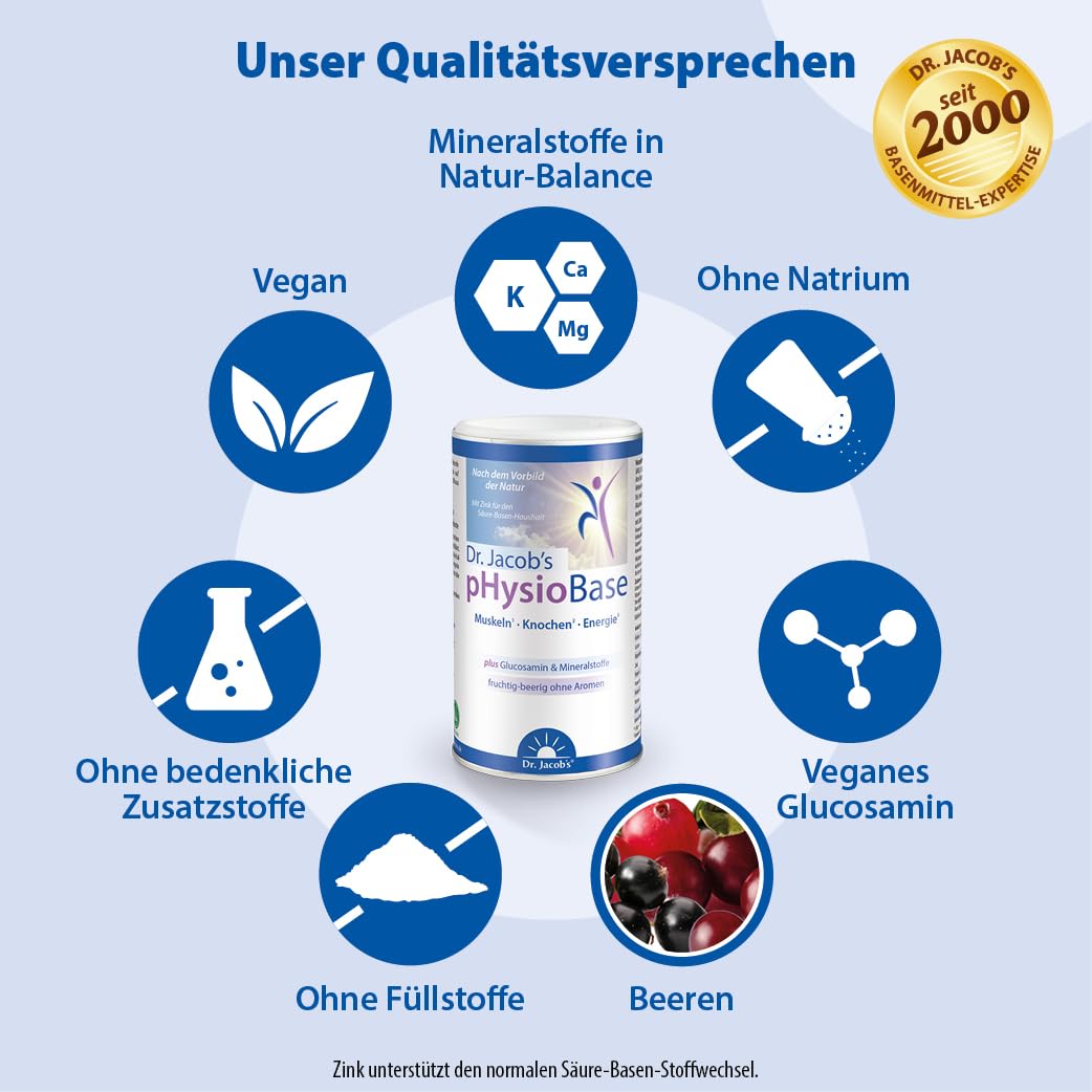 Dr. Jacob’s pHysioBase I für Sport und Alltag I für Knochen und Muskeln* | Mit veganem Glucosamin, Kaliumcitrat, Magnesiumcitrat, Calciumlaktat und Vitamin C I für die Säure-Basen-Balance*