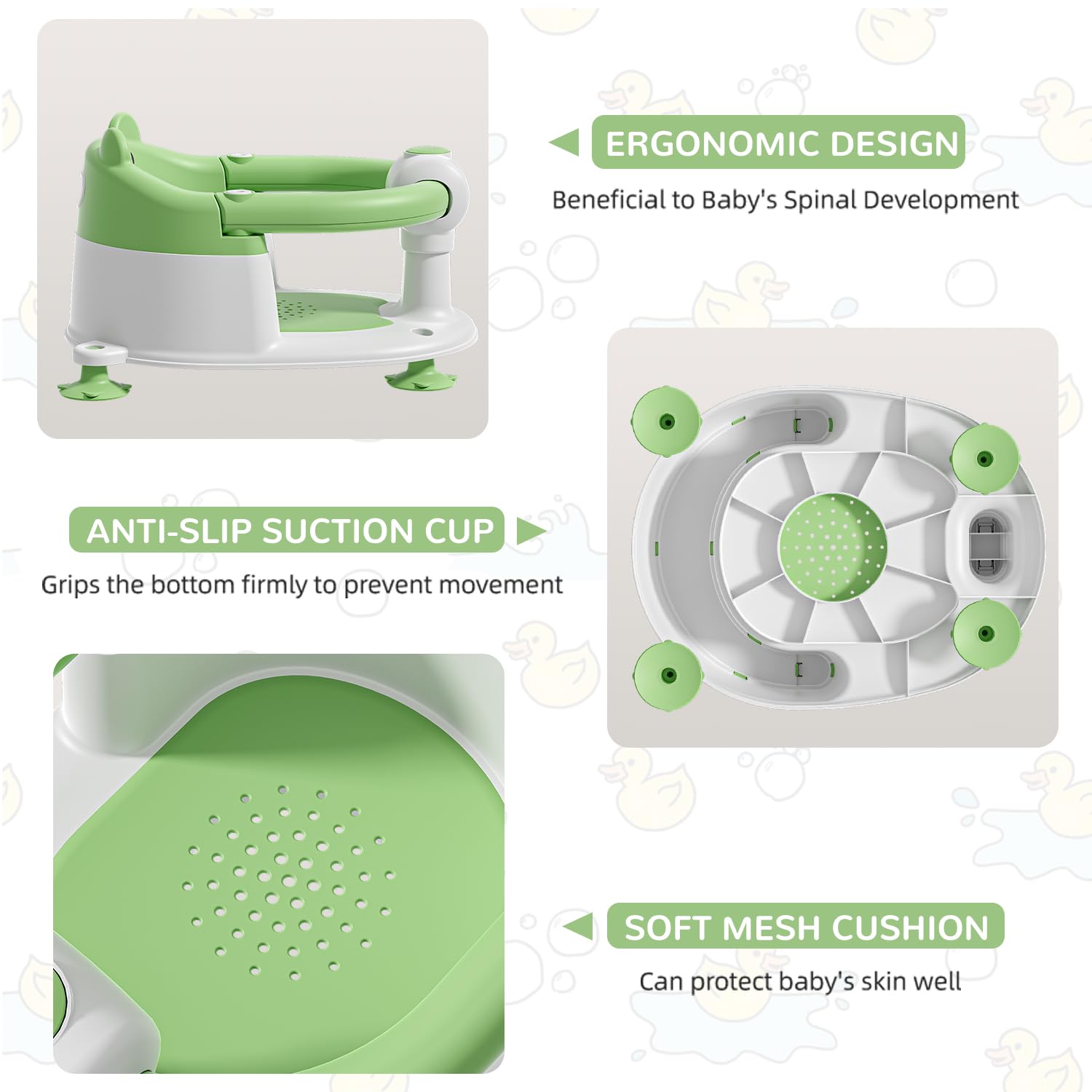 Seggiolino per Vasca da Bagno per Bambini a Partire da 6 Mesi, Seggiolino da Bagno Antiscivolo con 4 Ventose e Cuscino per Neonati, Sedia per Doccia Portatile per Doccia o Vasca da Bagno, Verde