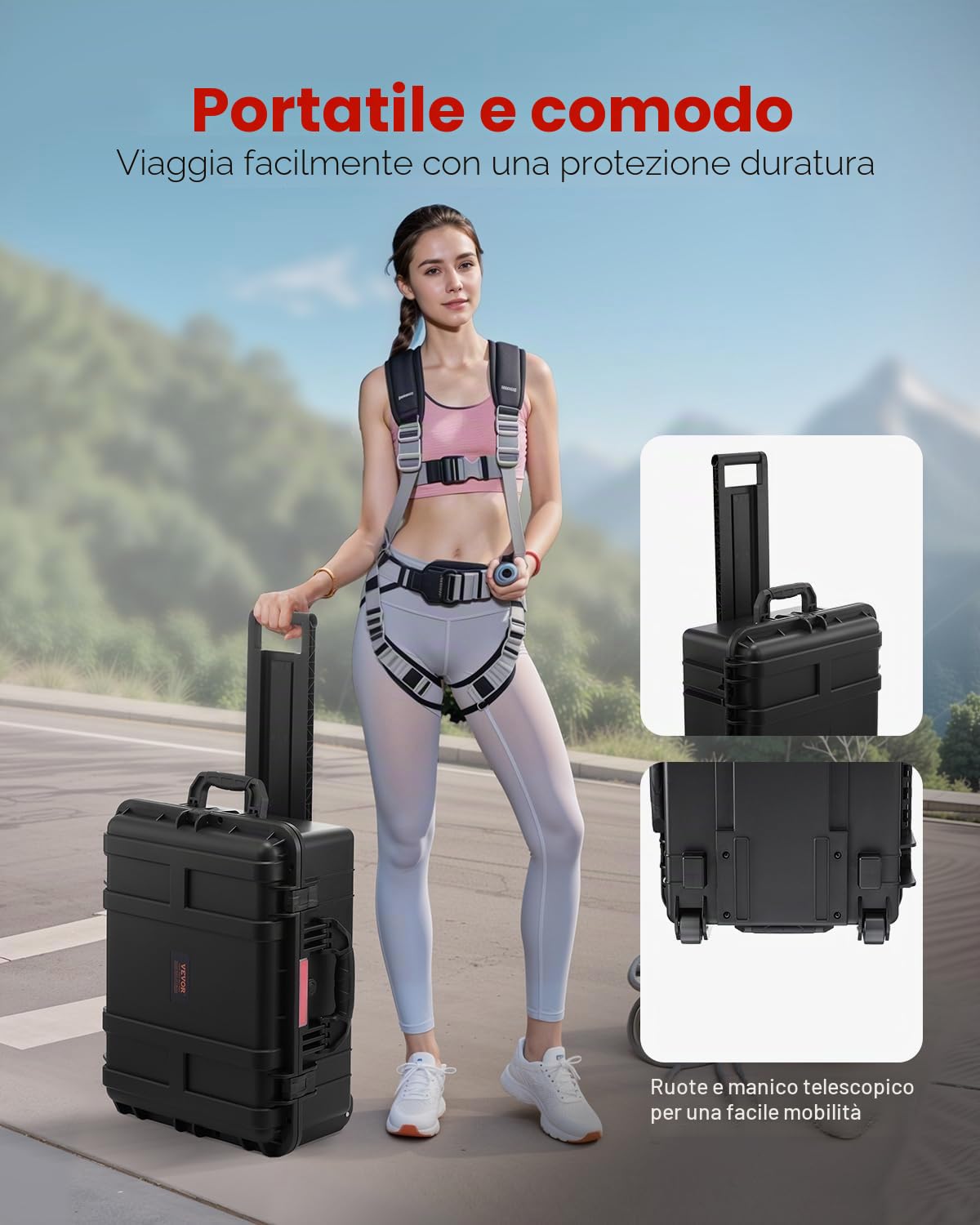 VEVOR Valigie Rigida Impermeabile 70,8 L, Custodia Protettiva Resistente alle Intemperie IP67 con 4 Clip, 4 Fori con Ruote Girevoli e Maniglia di Trazione Retrattile, per Lucchetto e Schiuma, Nero