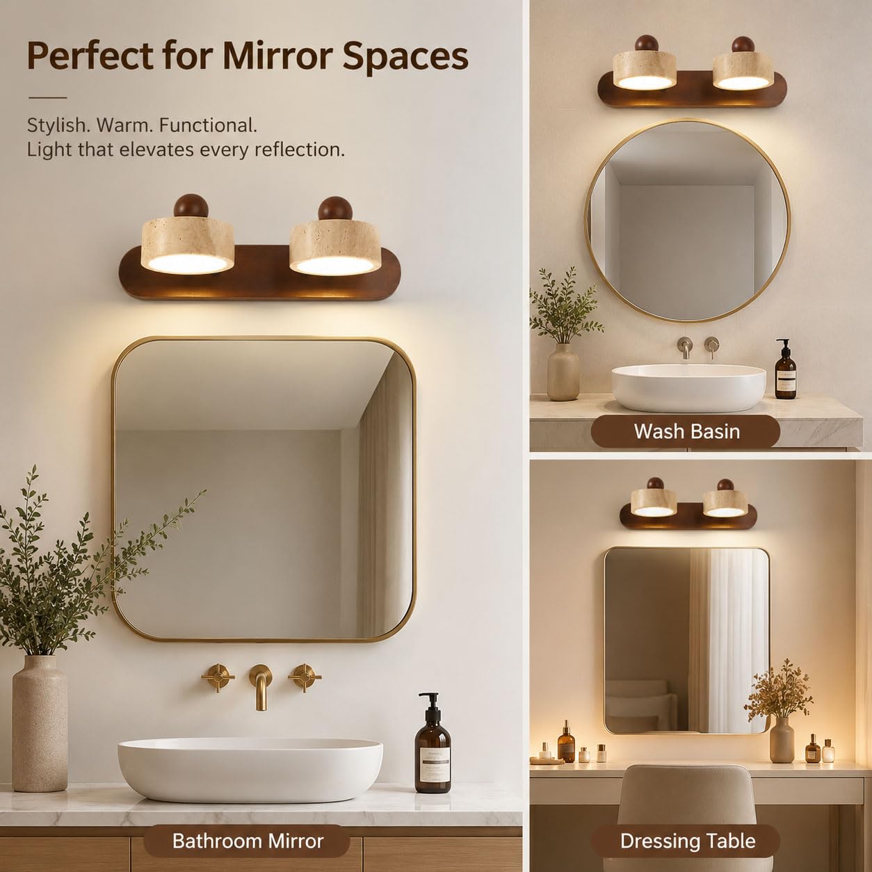 Spiegelleuchte Bad aus Naturtravertin und Massivholz, LED Badlampe über Spiegel, 2/3/4 Leuchtenköpfe, 3000 K Warmgelbes, 180° drehbar, Walnuss/Naturholz, für Schminktisch,Walnut color,2 Light