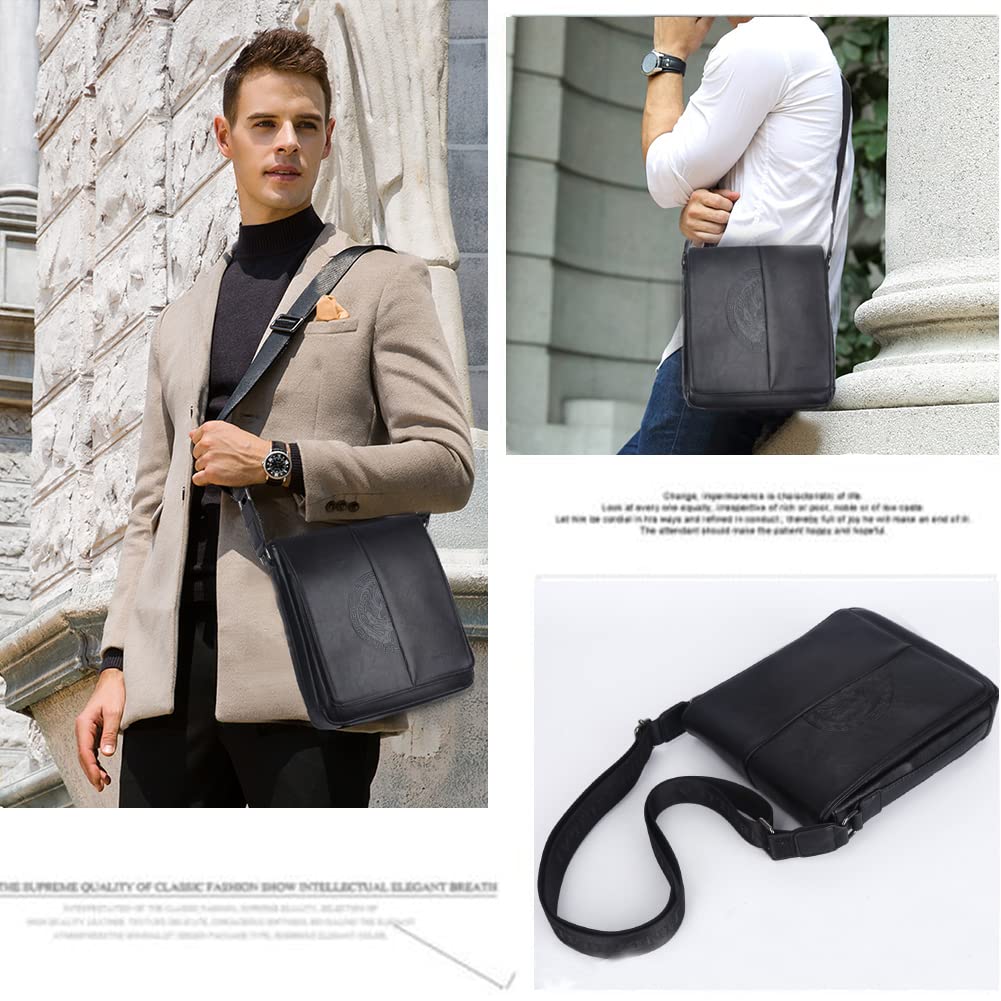 Leathario Bolso Bandolera para Hombre de Cuero Vegetal Vintage - Bolsa de Mensajero Grande Negocio Crossbody Casual Negro Clásico
