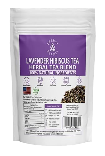 Té de lavanda con hojas sueltas de lavanda secas e hibisco  Mezcla de té para dormir para aliviar el estrés, 3.5 onzas (3.53 oz), fabricado en