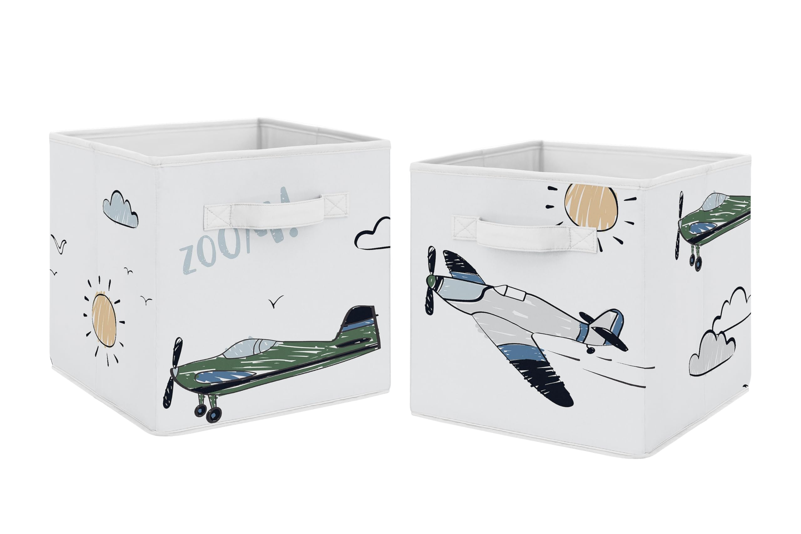 Sweet Jojo Designs Vintage Airplane Boy Collapsible Fabric Storage Cubes Foldable Bins Organizer Boxes Kids Baby Childrens Toys (Set of 2) Grey Green