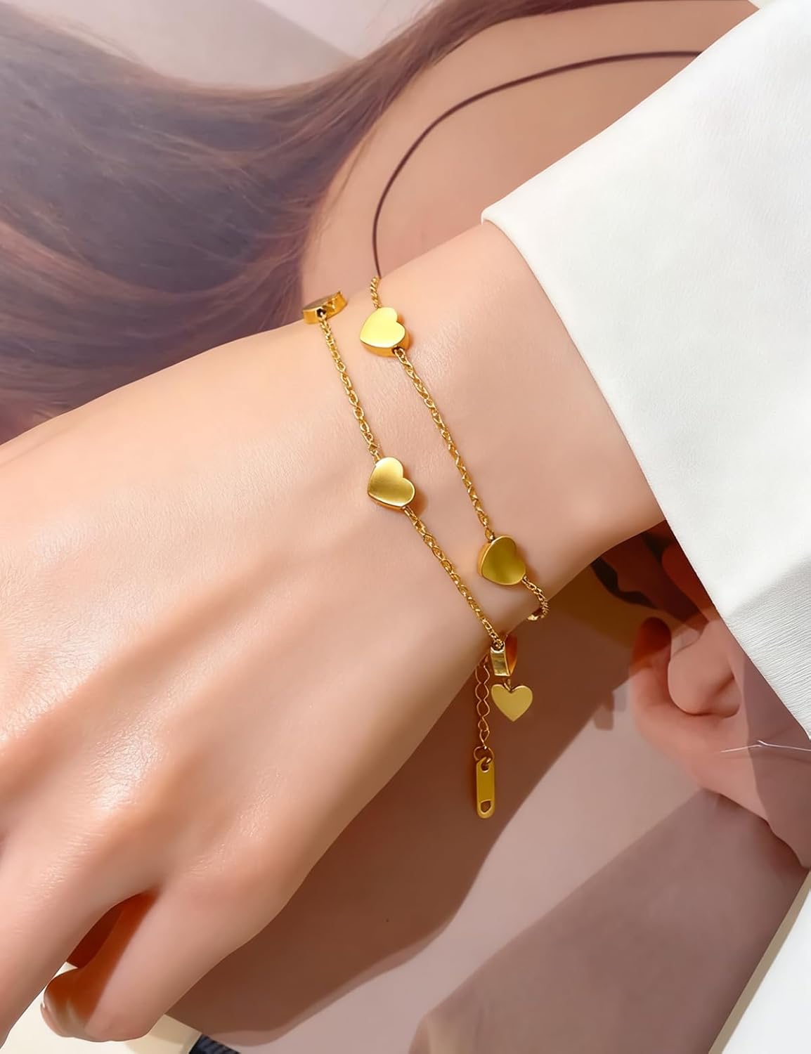 14K Gold Plated Adjustable Heart Pendant Bracelet for Women – Dainty & Stackable Link Chain Jewelry, Non-Tarnish Romantic Gift for Her (Golden Love Charm) - Image 6