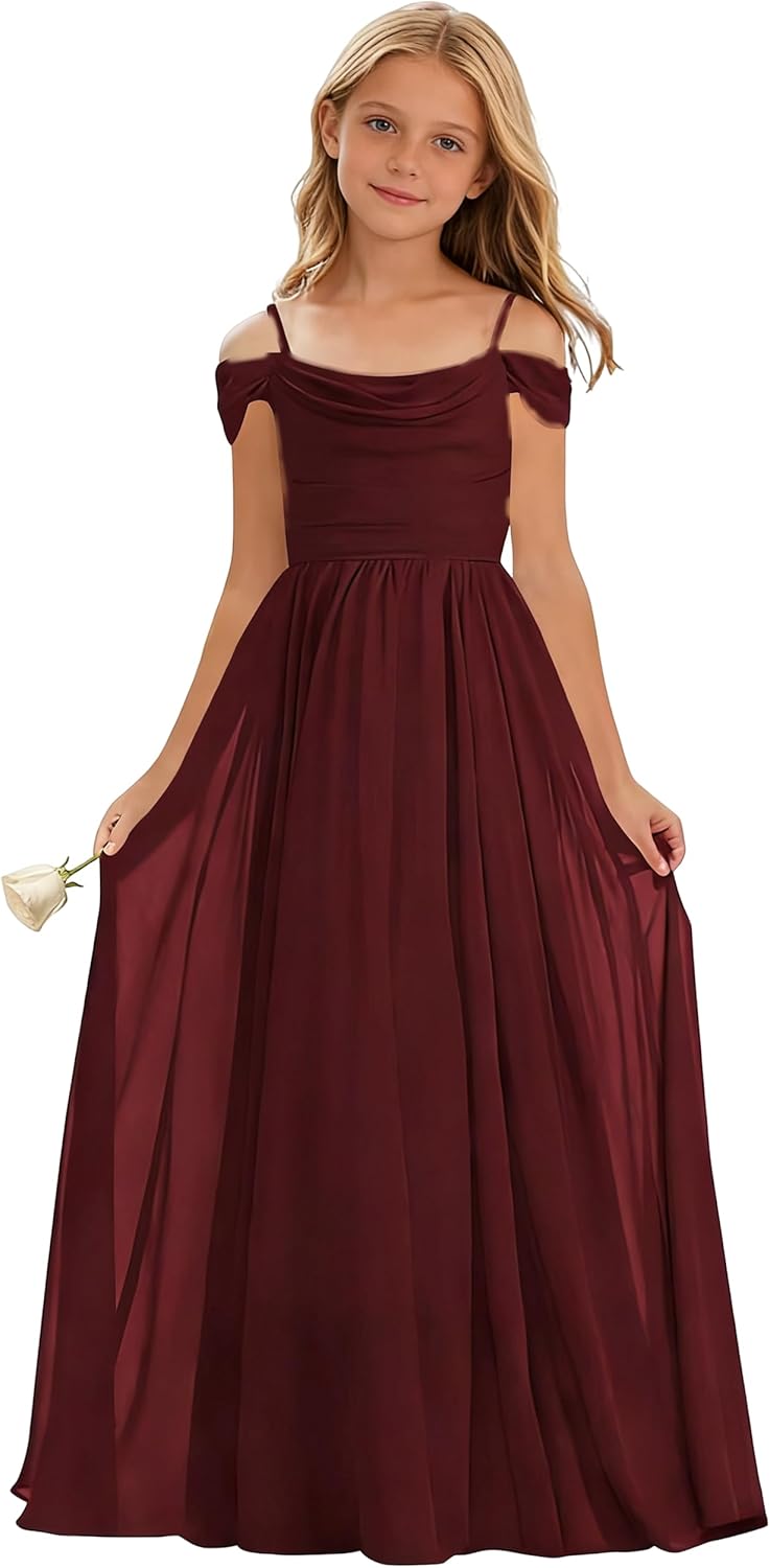 Off Shoulder Junior Bridesmaid Dress Chiffon Flower Girl Dresses Long Gown for Wedding Pageant Party 2-14