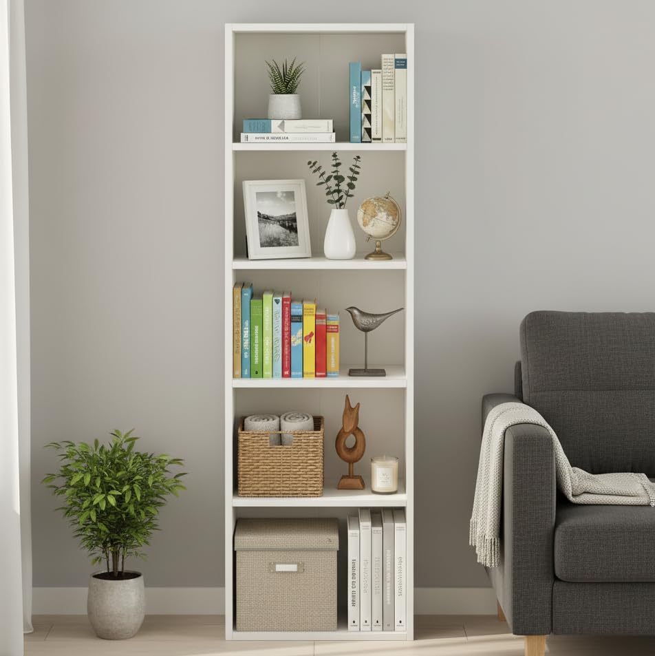 Image of FURNEASER Tall Bookshelf Bookcase for Living Room | Engineered Wood Open Storage Rack | Display Shelf Organizer for Bedroom, Office & Home (White)