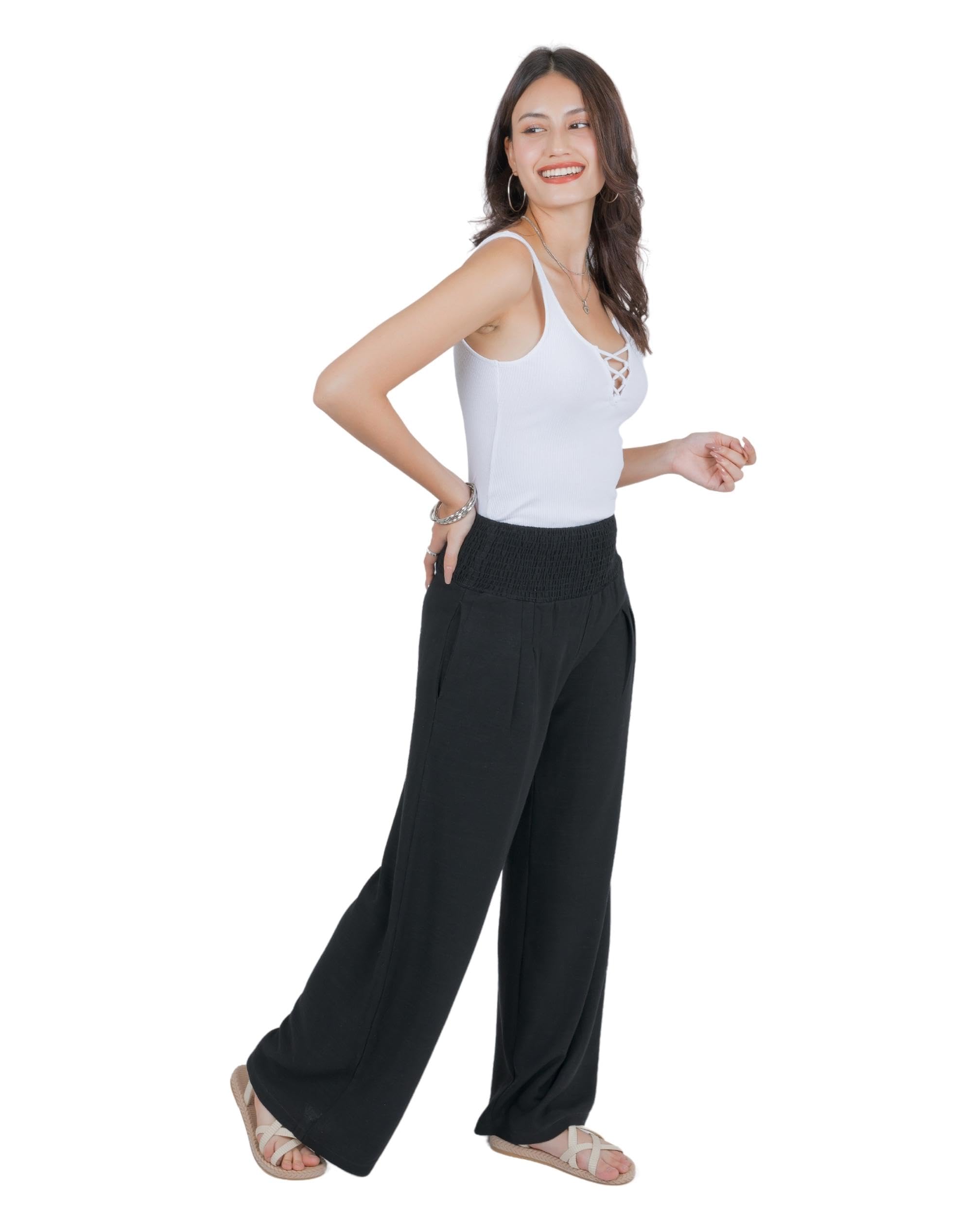 Lofbaz Damen Leinen Palazzo Weite Beinhose Luftig Lounge Freizeit Hohe Taille Sommer Strand Boho Lange Hose mit Taschen