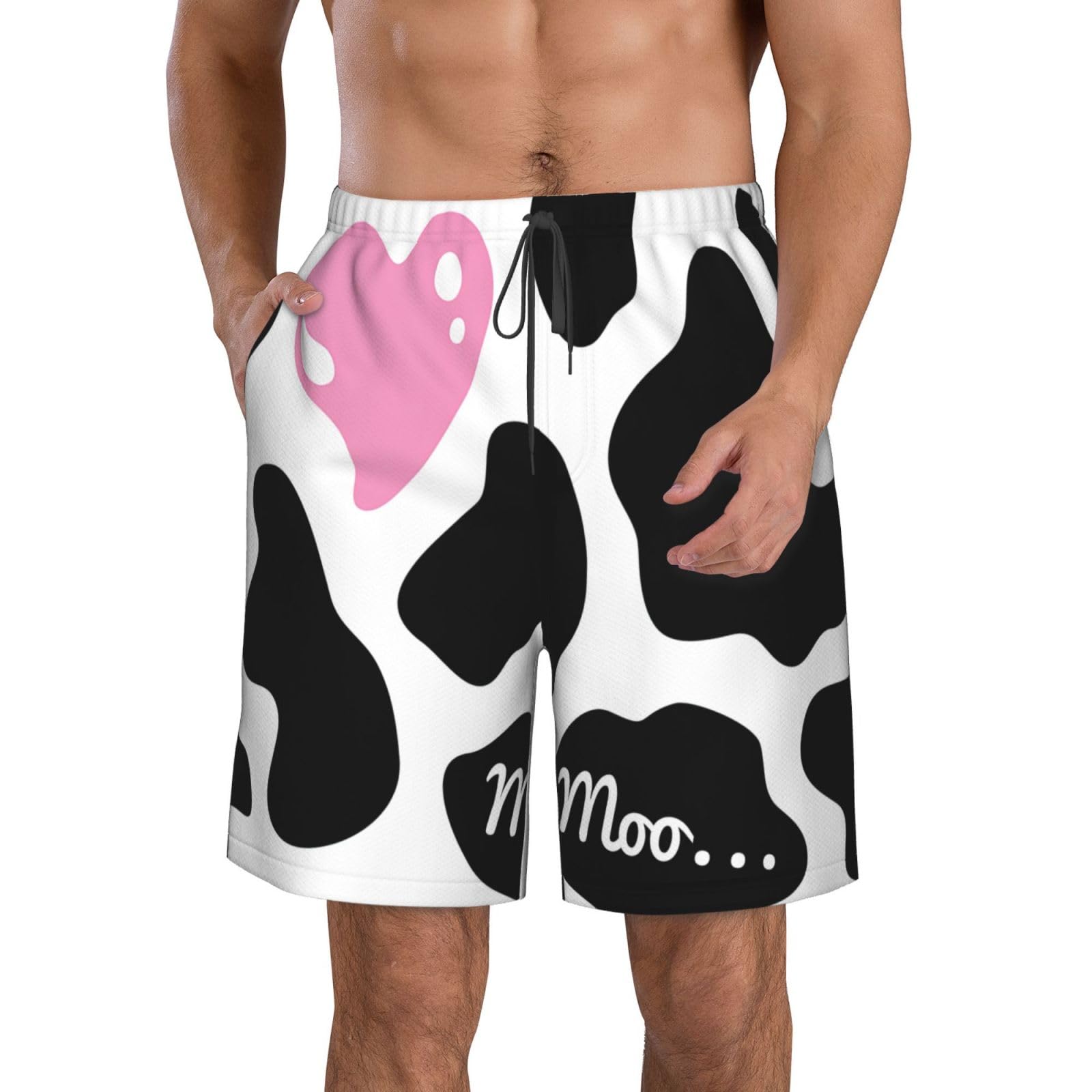Asbwuo Unisex As Pic Black White Milk Cow Print Men's Swim Trunks Beach Shorts Elastic Waist Drawstring Summer Swimming Board Shorts
