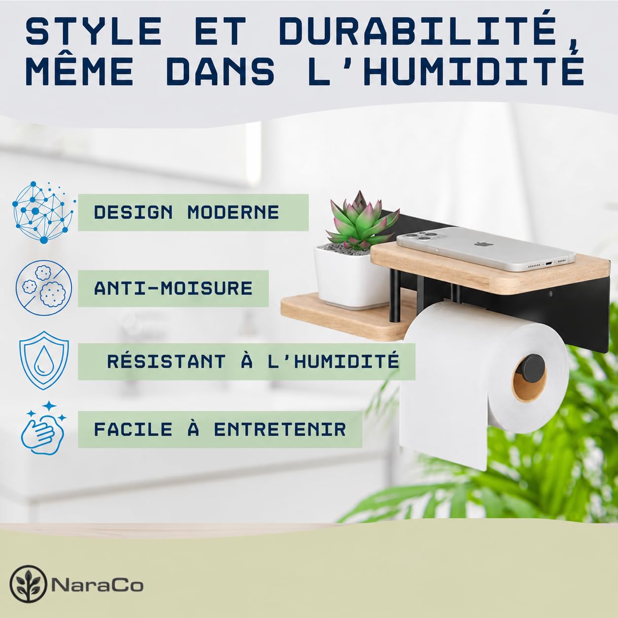 Porte Papier Toilette Mural de qualité supérieure en Bois de chêne Véritable et Acier Inoxydable | [sans Perçage] | Design Moderne | Déja Assemblé | Dérouleur WC avec Doubles Étagères