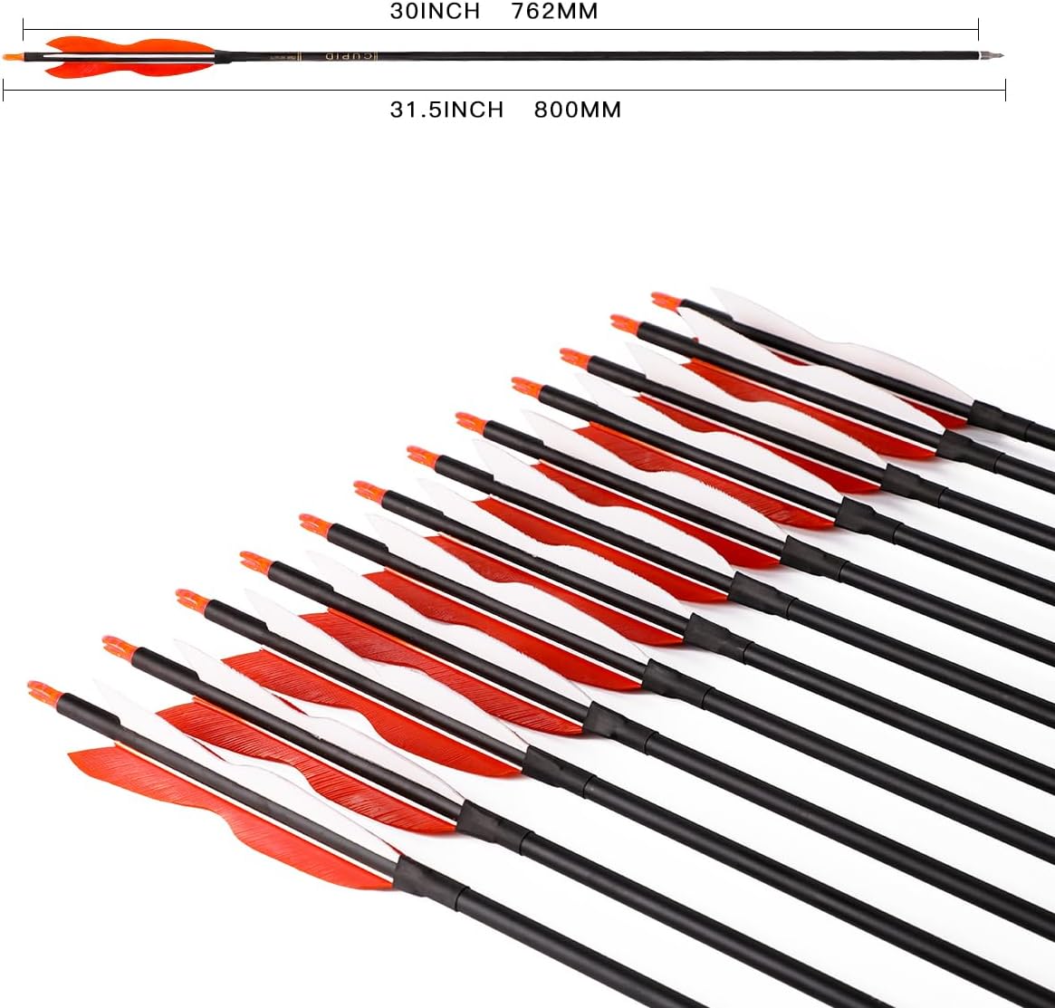 31" Carbon Hunting Arrows Archery Target Practice Arrows with 5" Turkey Feathers Spine 500 for Recurve Bow and Compound Bow(Pack of 12)