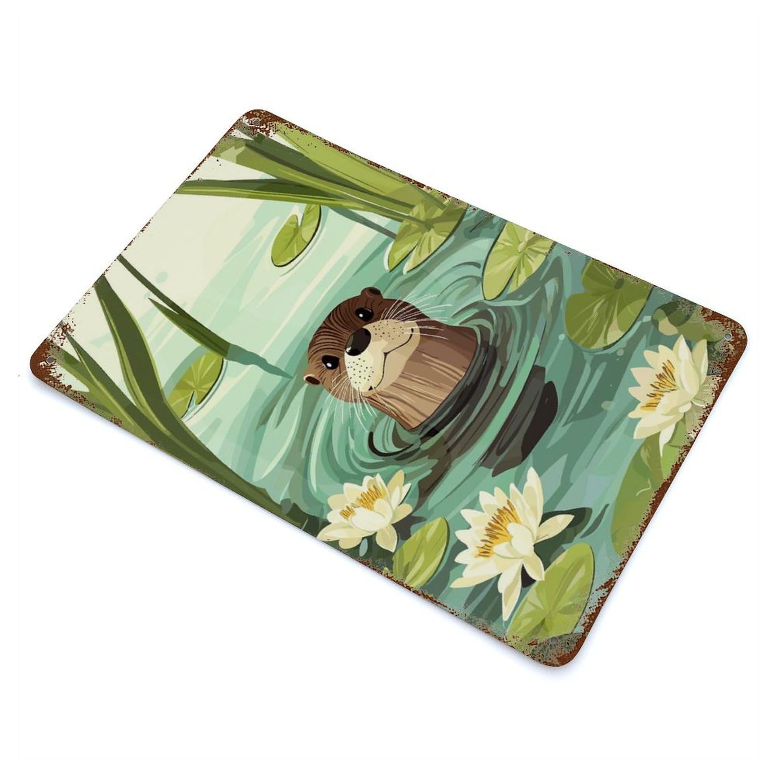 Cute Otter in Water Lily Pond Rusty Metal Tin Sign 11.8"x7.9", Industrial Home Decor for Garage, Pub Or Kitchen