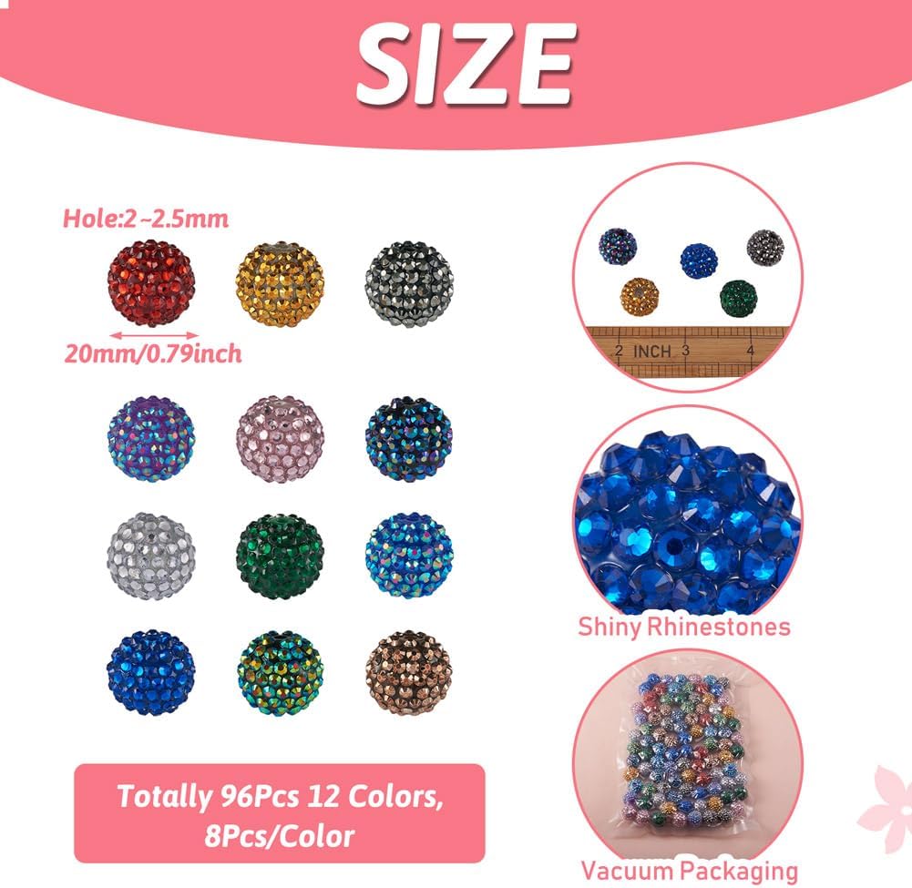Fashewelry 96pcs Rhinestone Bubblegum Beads 20mm Mixed Color Disco Ball Resin Round Gumball Beads for Beadable Pen Lanyards Keychain Bag Chain Jewelry Making
